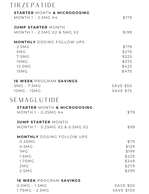 Price list for medications including Tirzepatide and Semaglutide with dosage options and savings on 16-week programs.