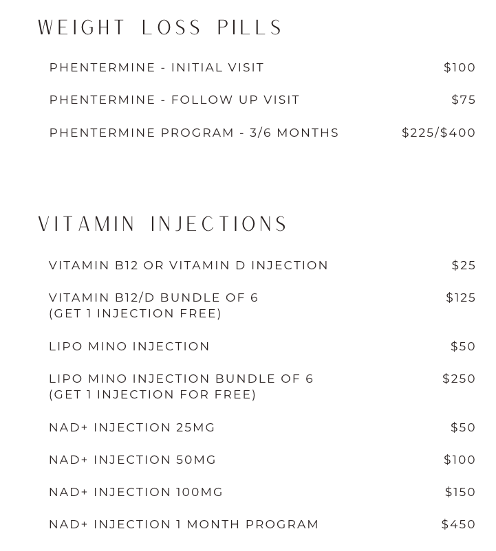 Price list for weight loss pills and vitamin injections, including initial and follow-up visits, programs, and various vitamin injection options with prices.