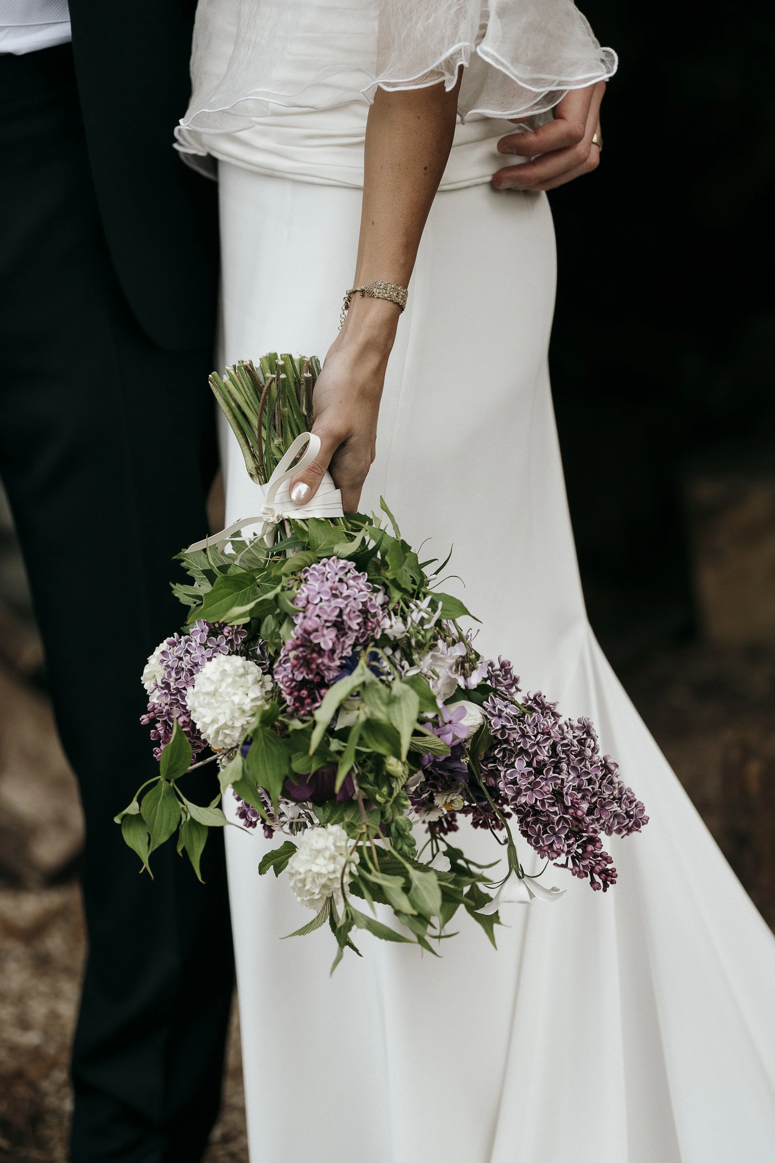 detail shot of brides bouquet of local flowers from micro famr