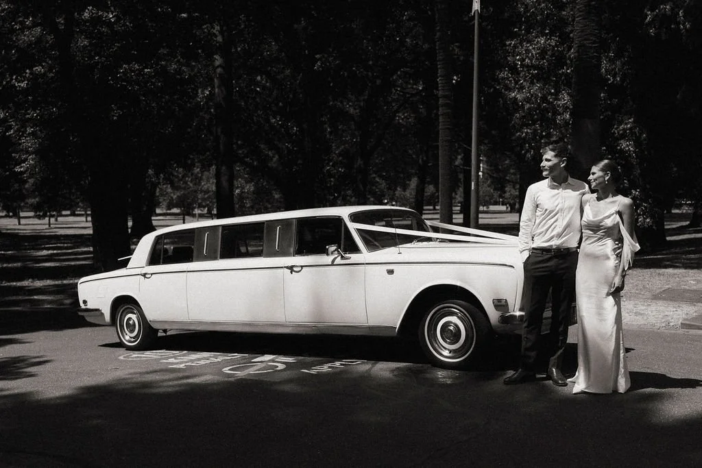 Dramtiac Black and White Wedding Car shot