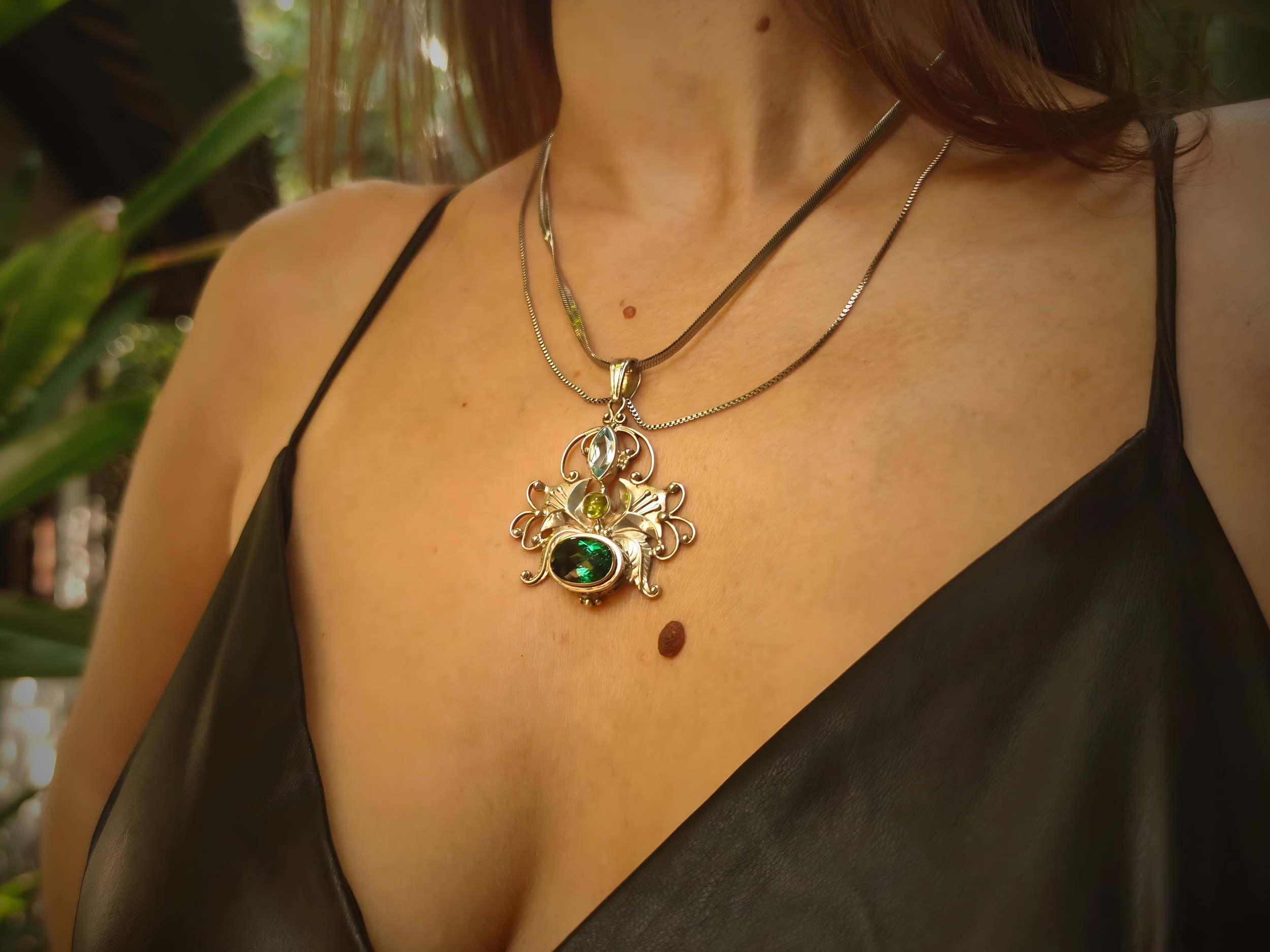 Floral Pendant with Green Quartz, Blue Topaz & Peridot