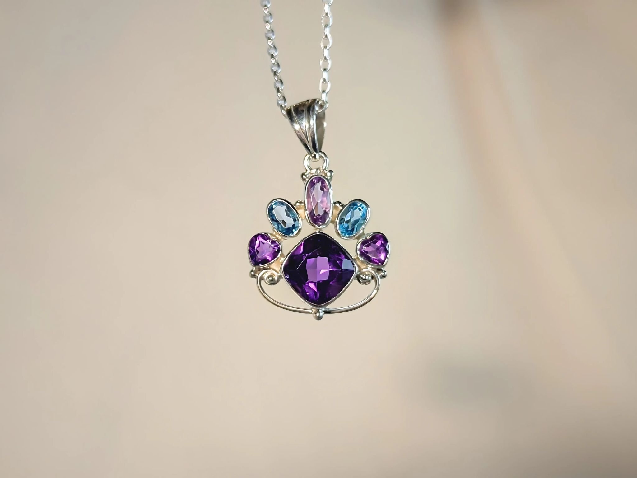 Restful Stones Pendant with Purple Amethyst & Blue Topaz