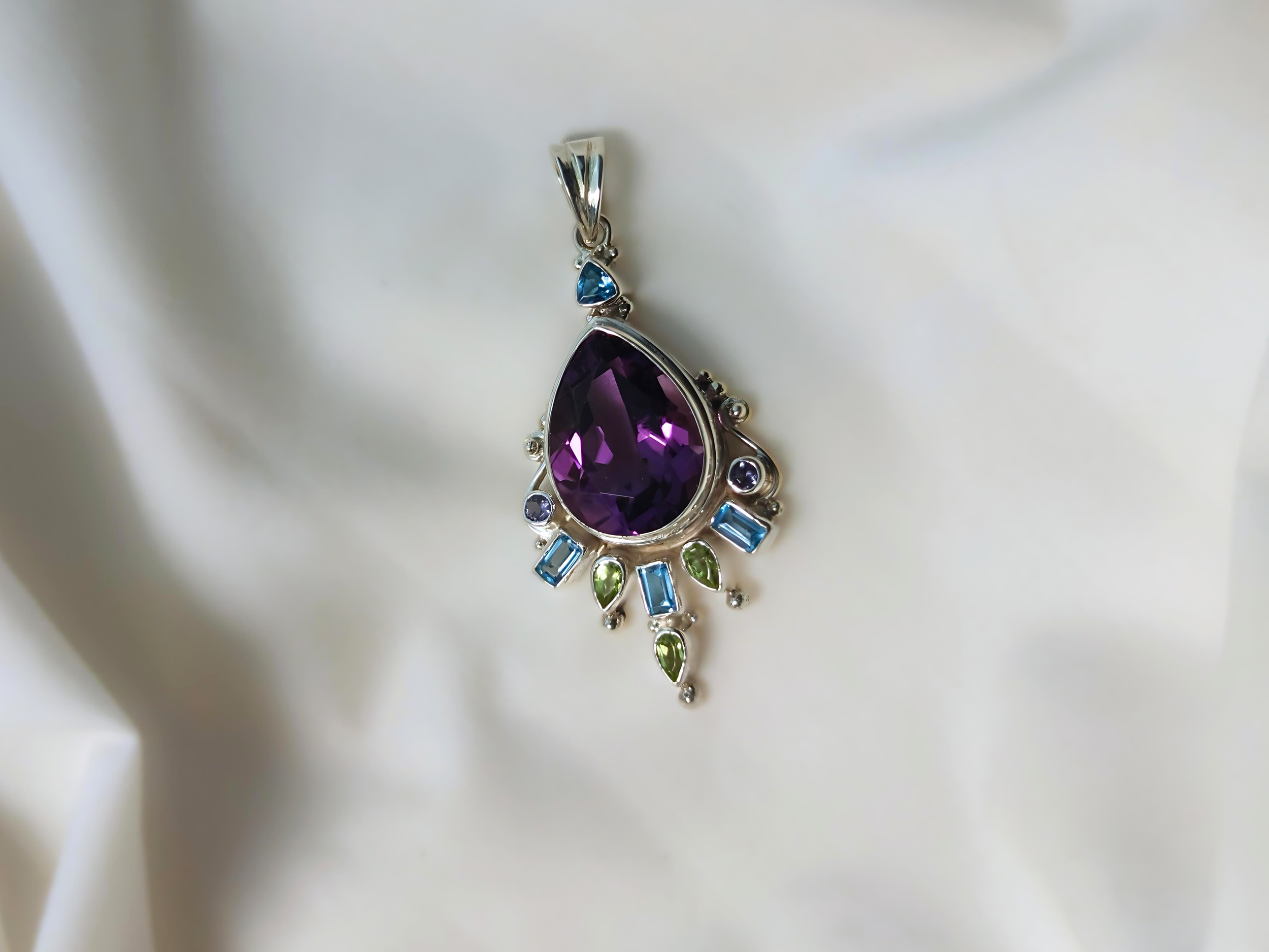 Purple Amethyst, Peridot & Blue Topaz Pendant