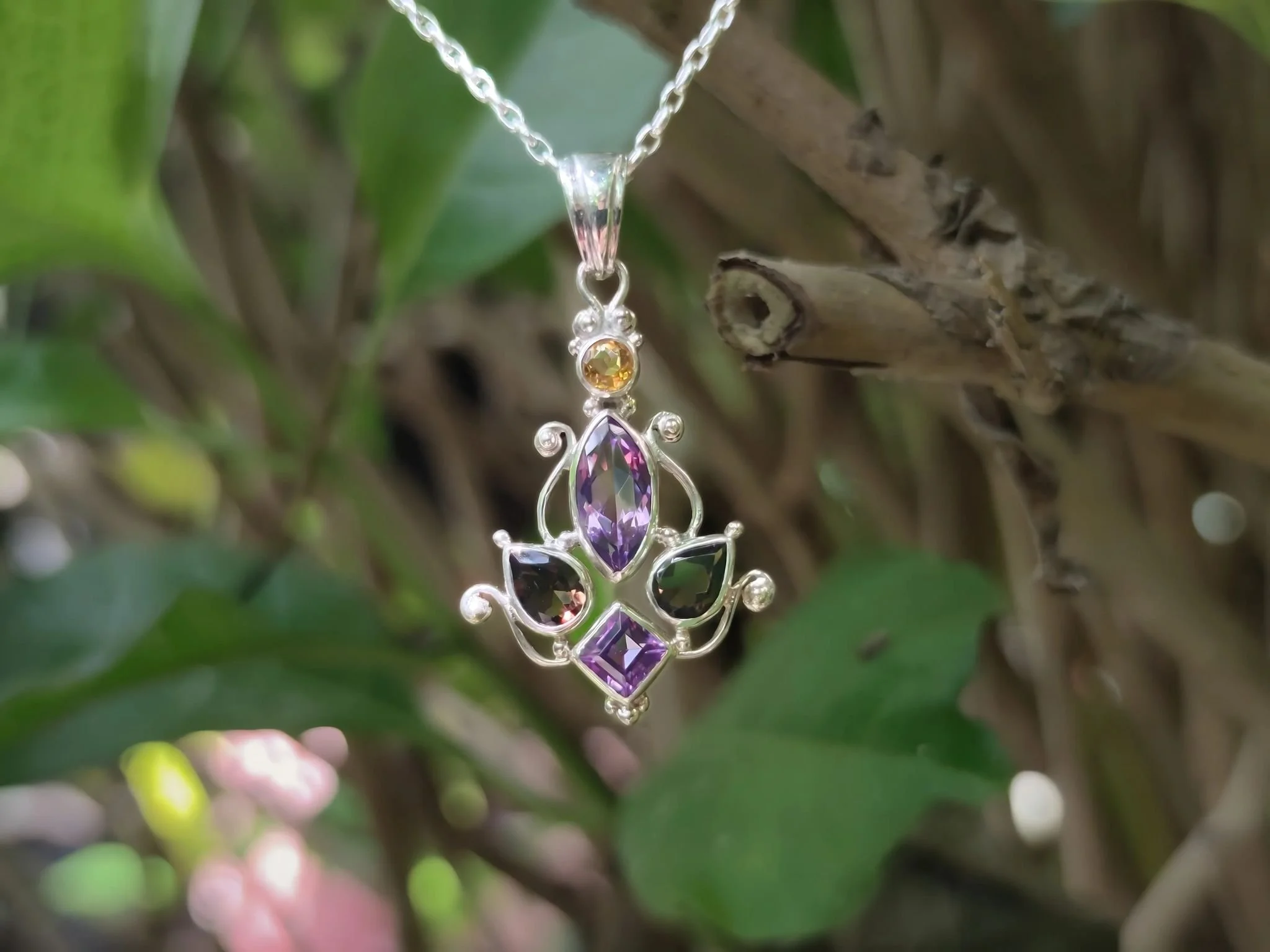 Amethyst, Quartz & Citrine Navette Pendant