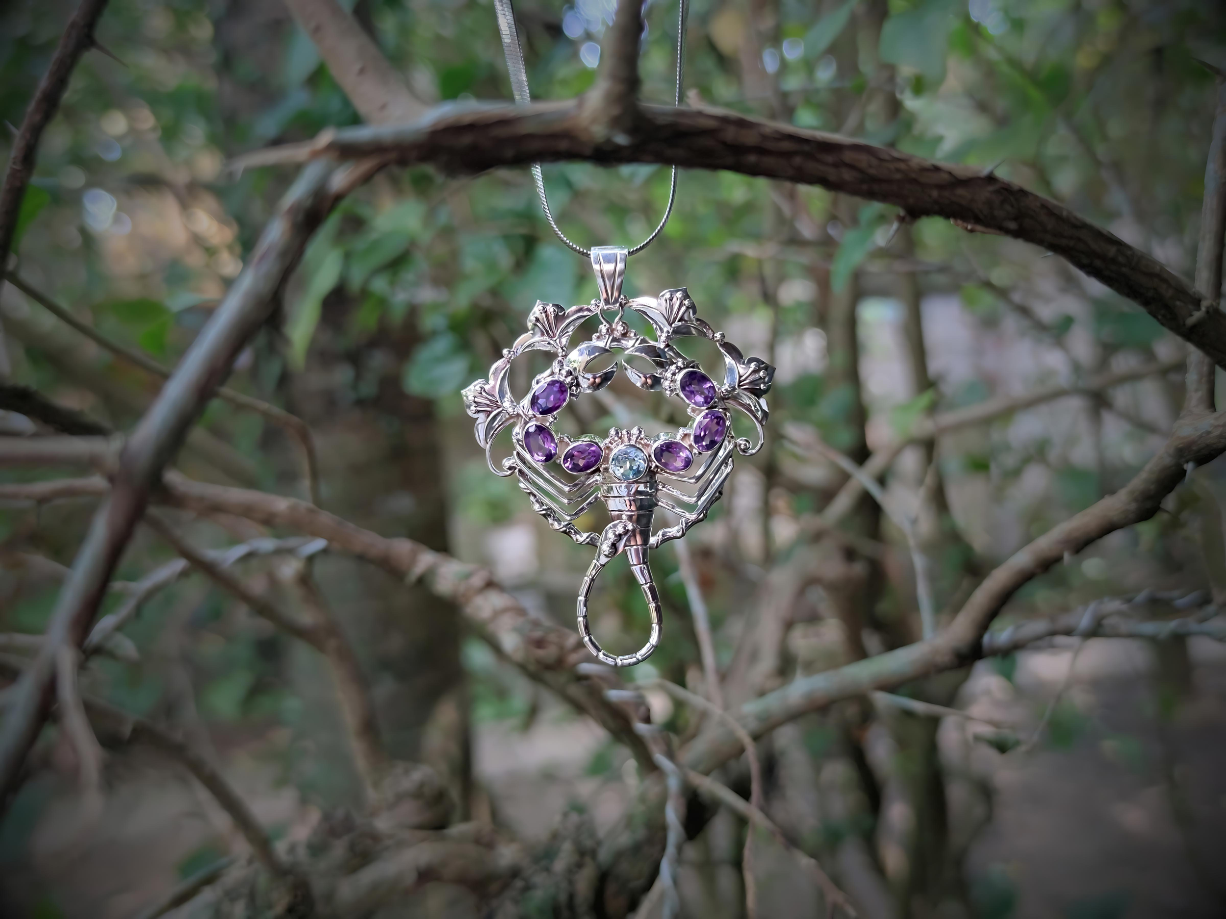 Scorpion Pendant with Amethyst & Blue Topaz