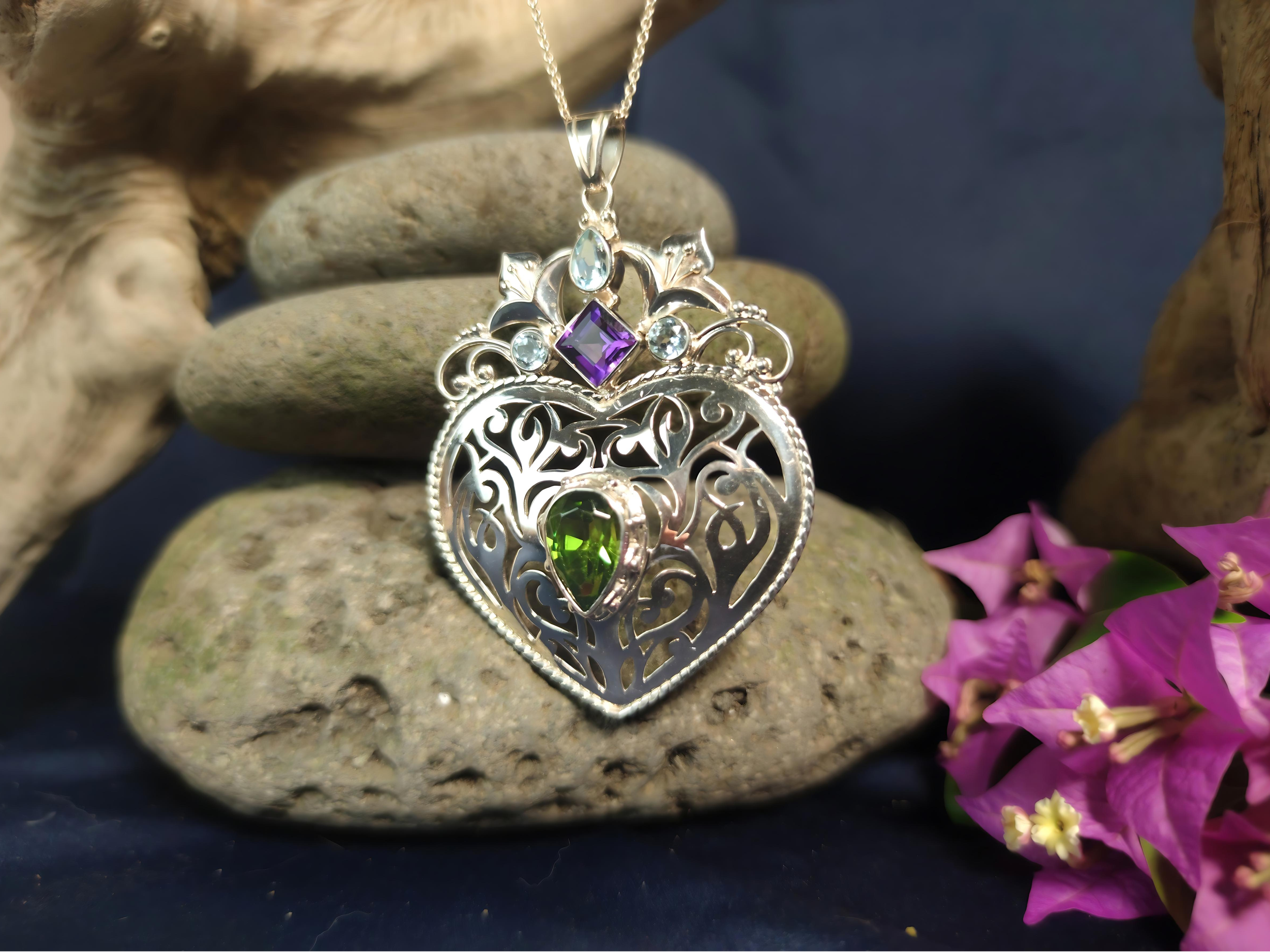 Peridot, Blue Topaz & Amethyst Heart Pendant
