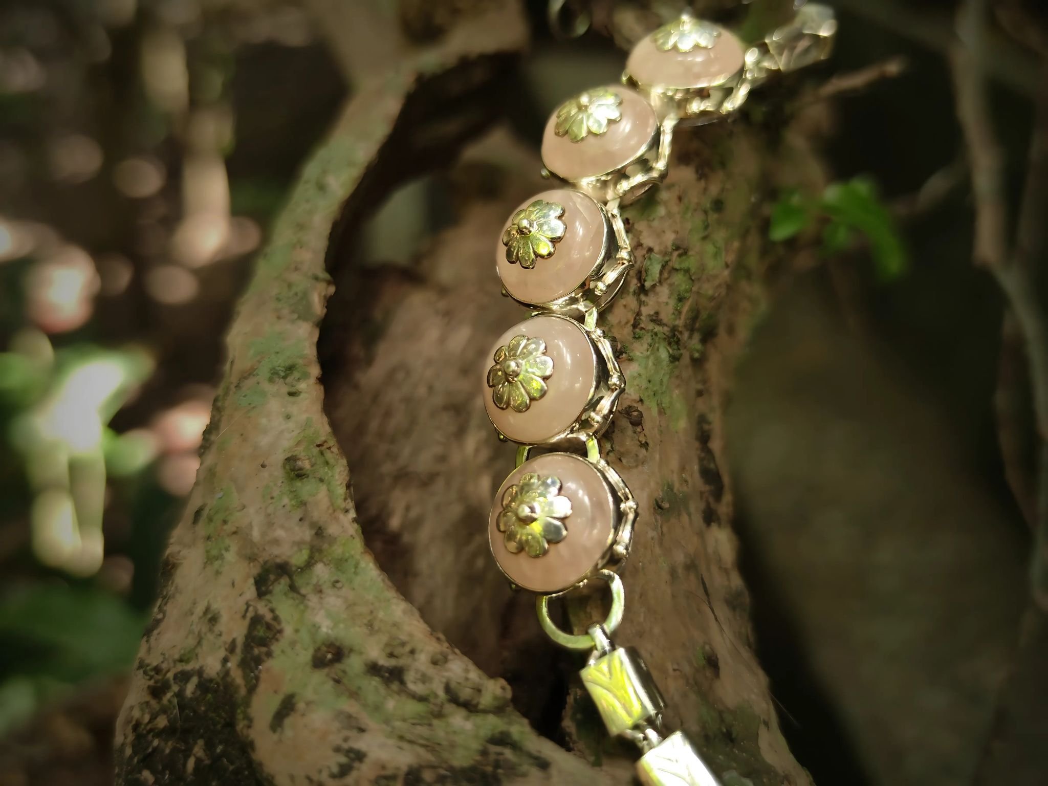 Rose Quartz Floral Bracelet with Paua Detailing