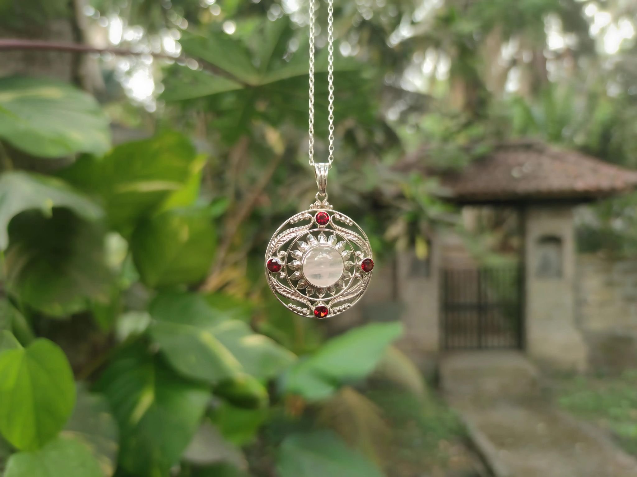 Rose Quartz & Garnet Floral Cabochon Pendant