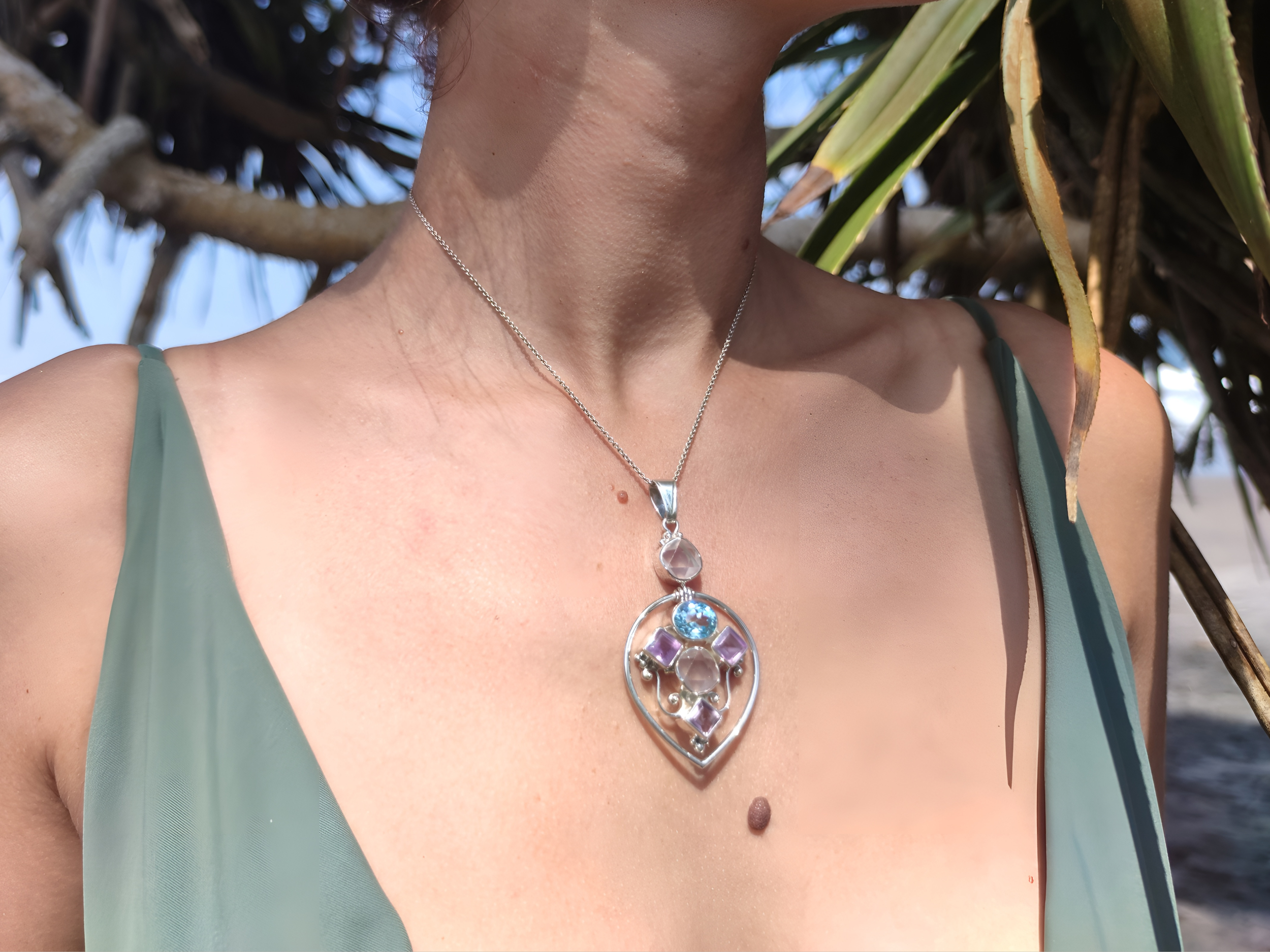 Rose Quartz, Purple Amethyst & Blue Topaz Floating Pendant