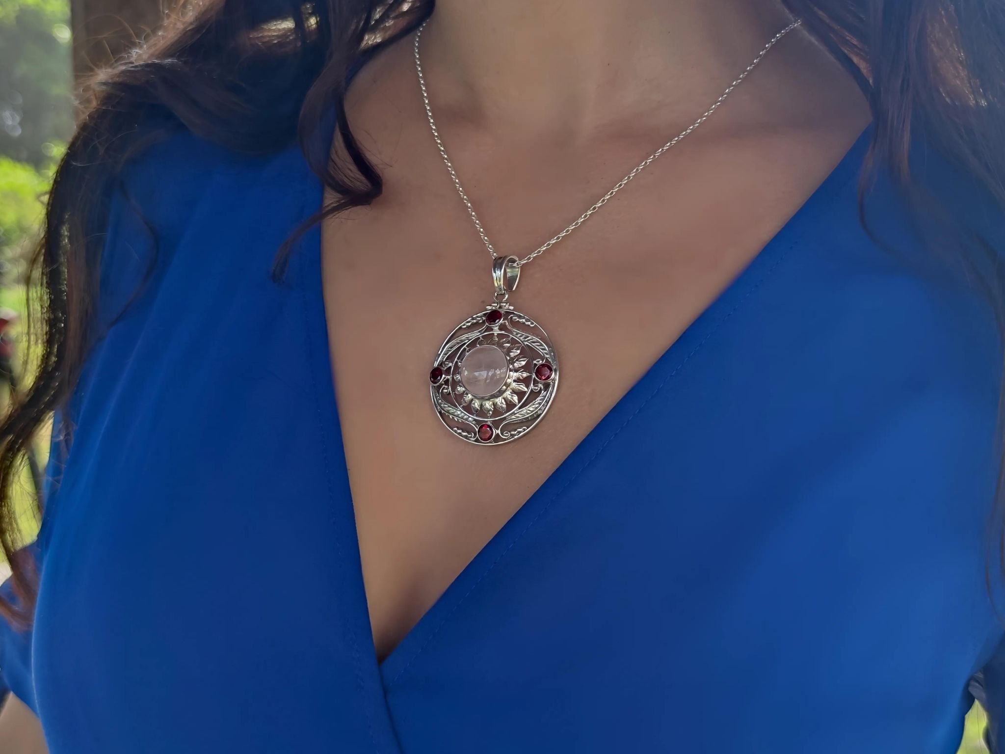 Rose Quartz & Garnet Floral Cabochon Pendant