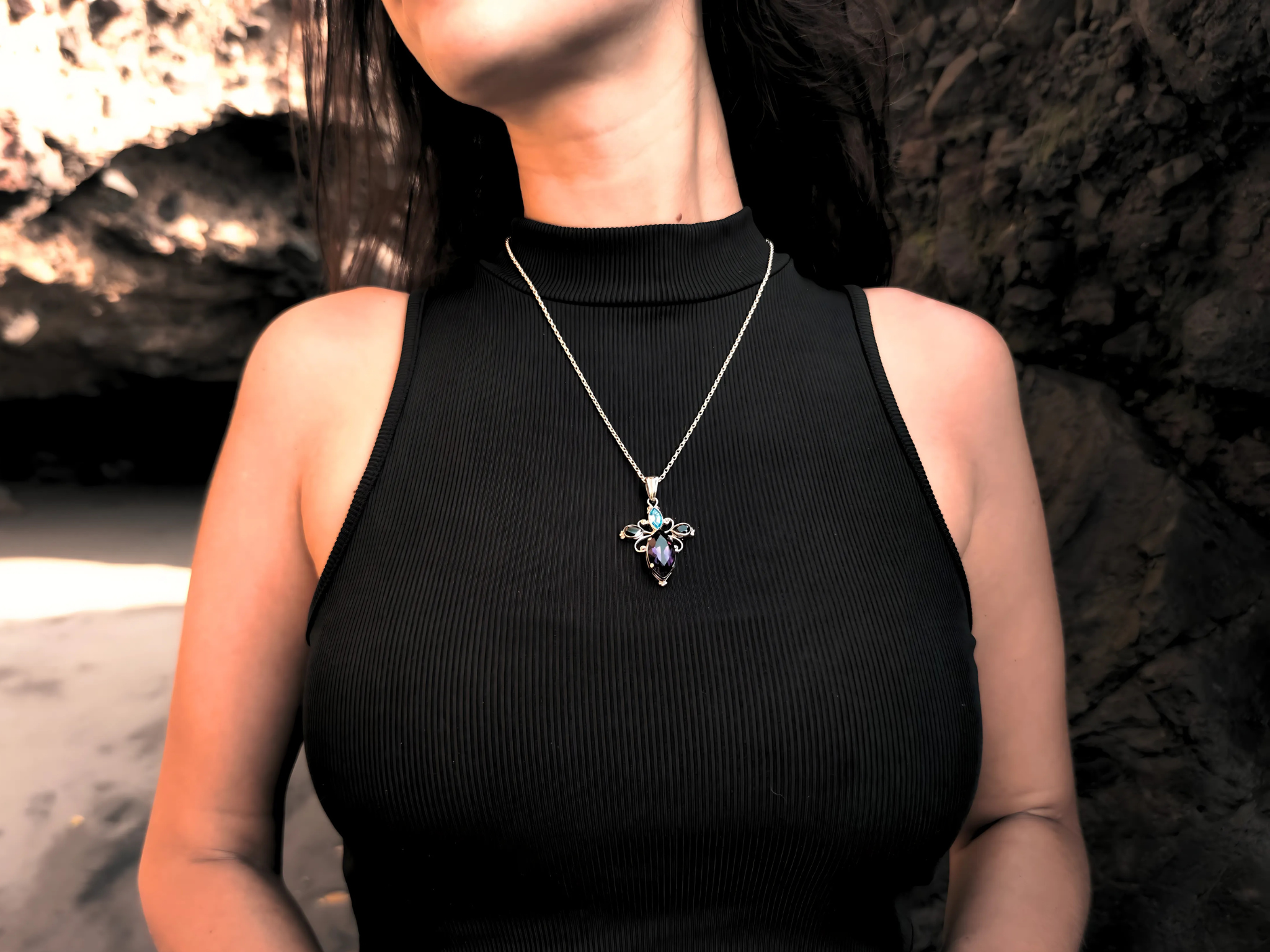 Winged Navette with Smoky Quartz, Topaz & Amethyst