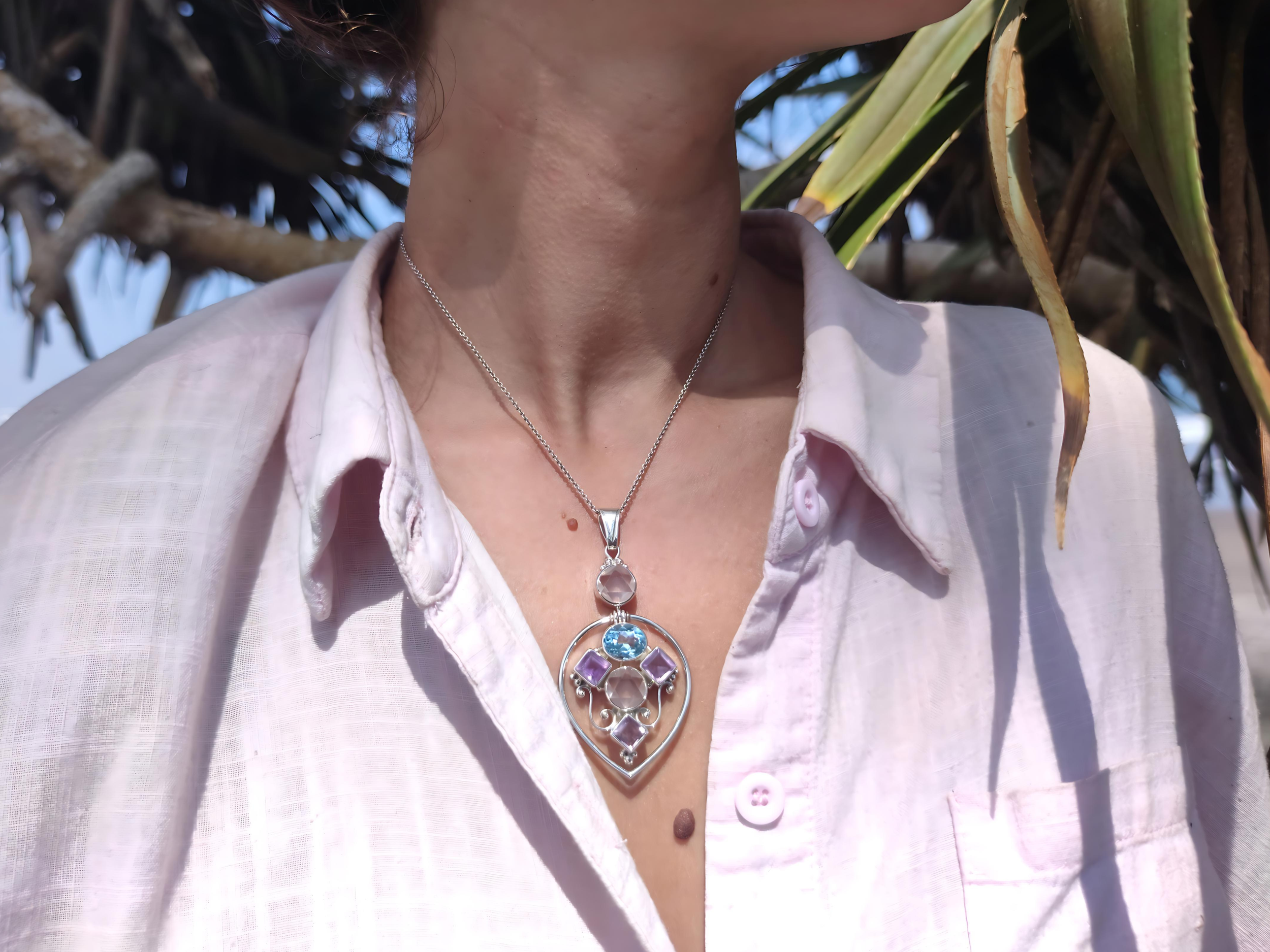 Rose Quartz, Purple Amethyst & Blue Topaz Floating Pendant