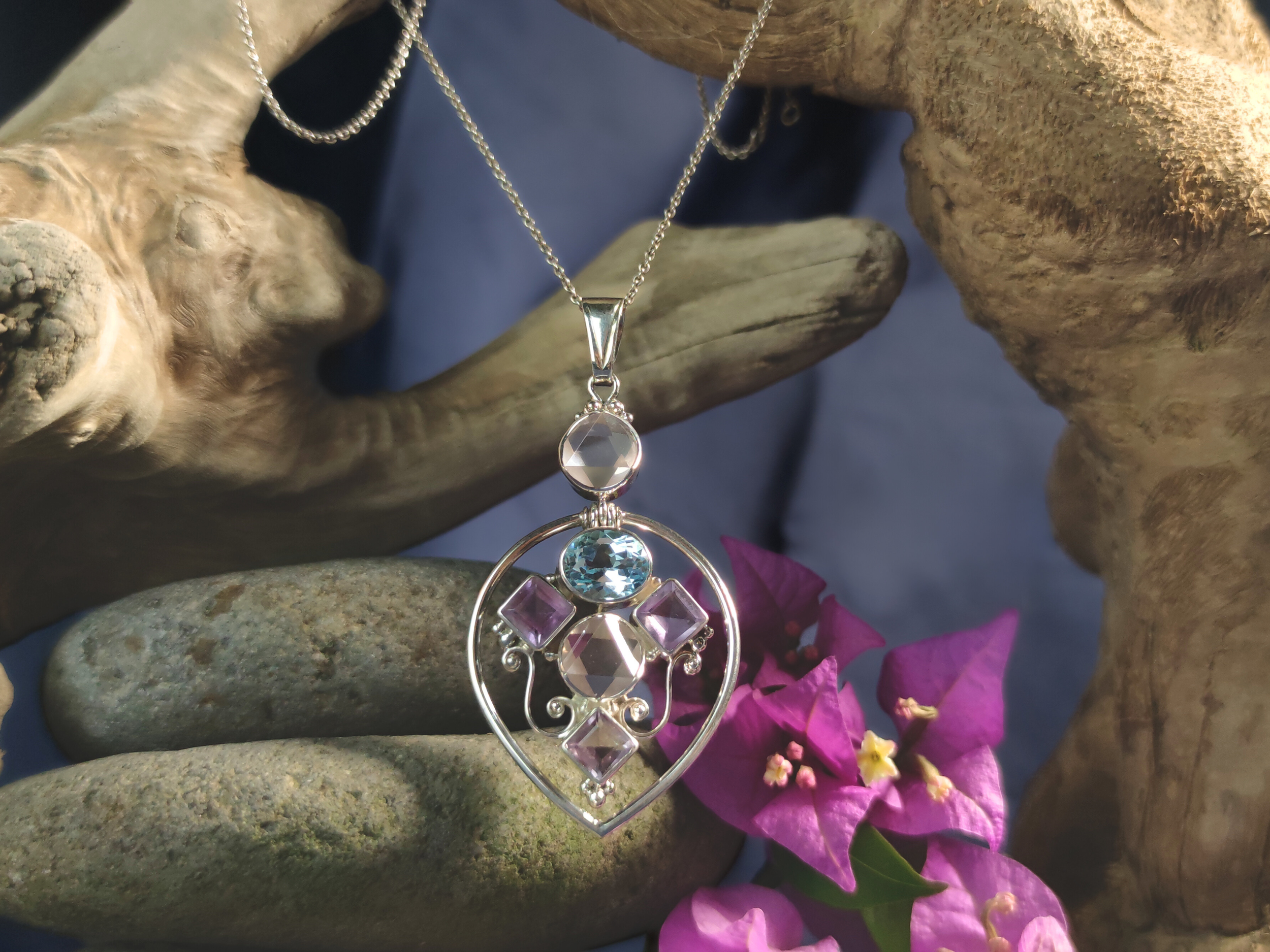Rose Quartz, Purple Amethyst & Blue Topaz Floating Pendant