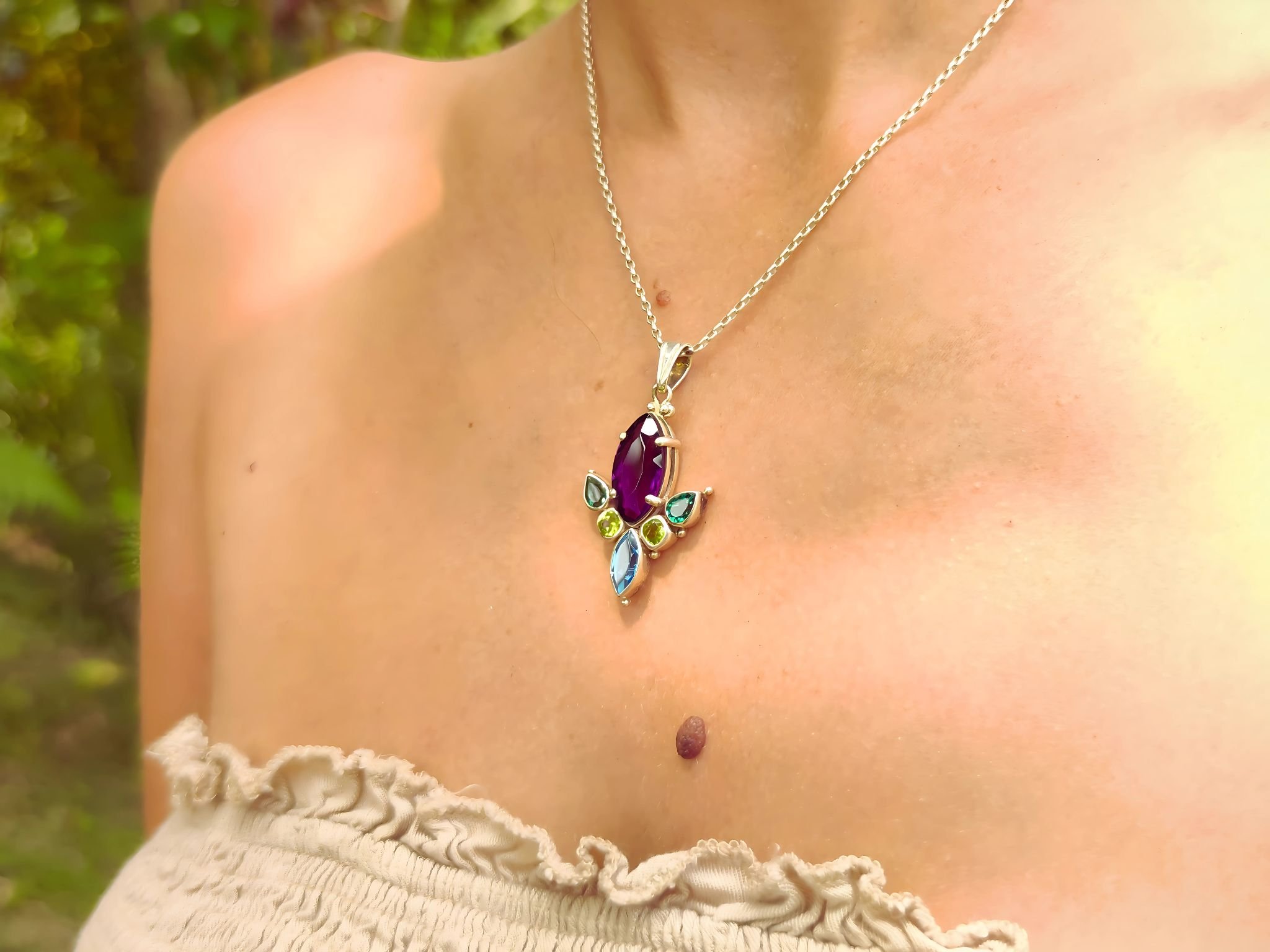 Amethyst, Quartz, Topaz & Peridot Navette Pendant