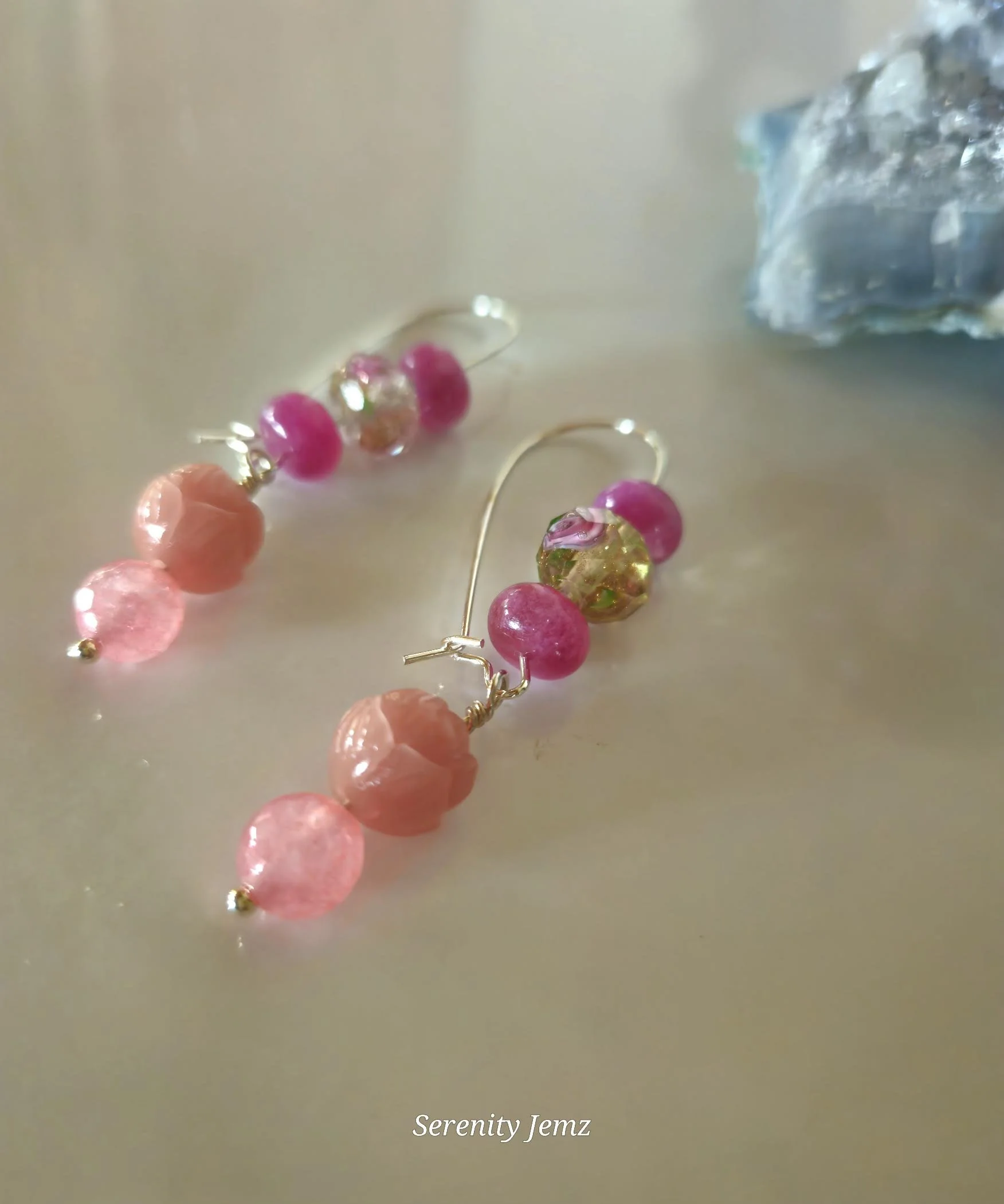 Pink Tourmaline and Lotus Flower Beads Earrings