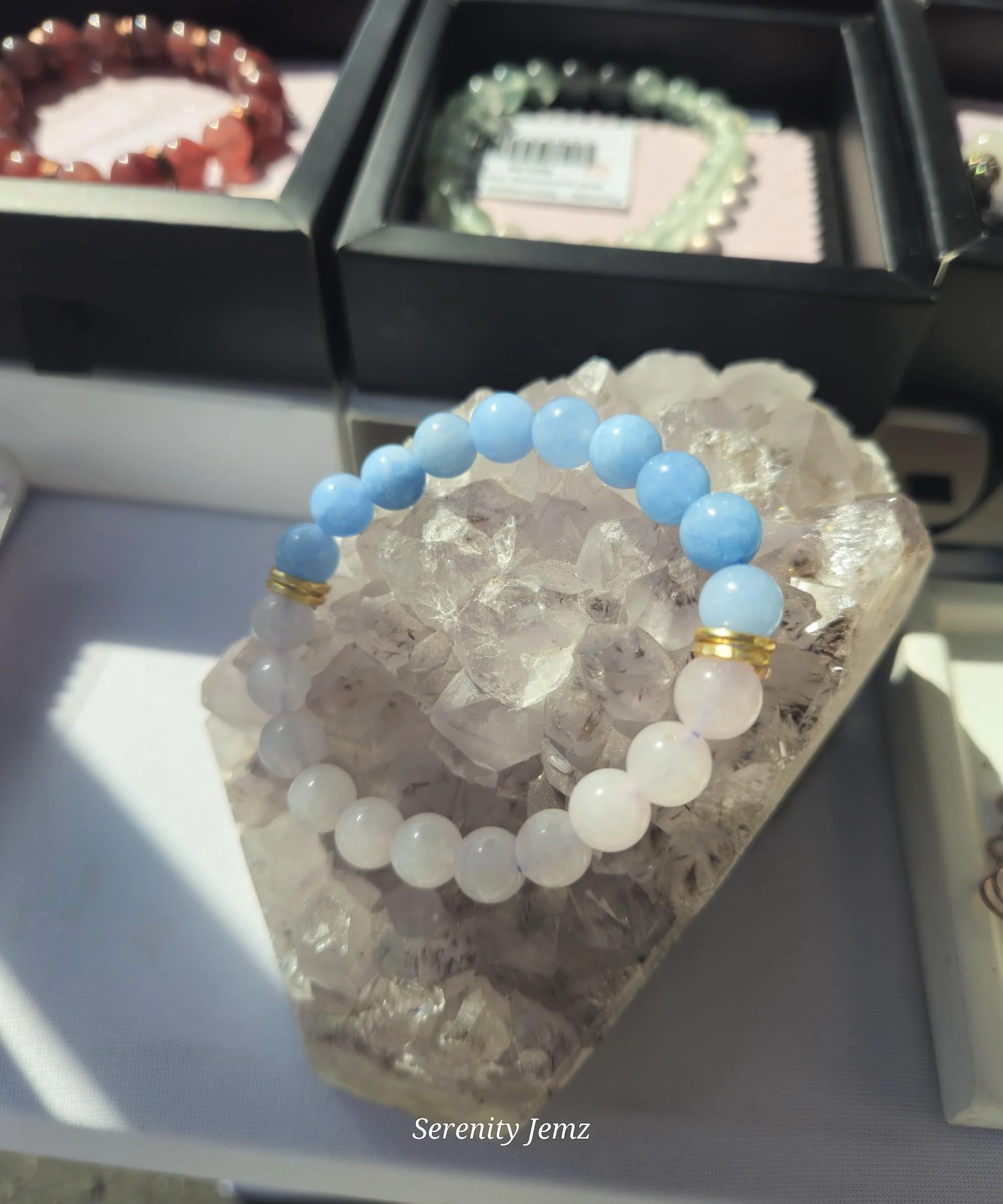 Blue Aquamarine and Rose Quartz Gemstone Bracelet