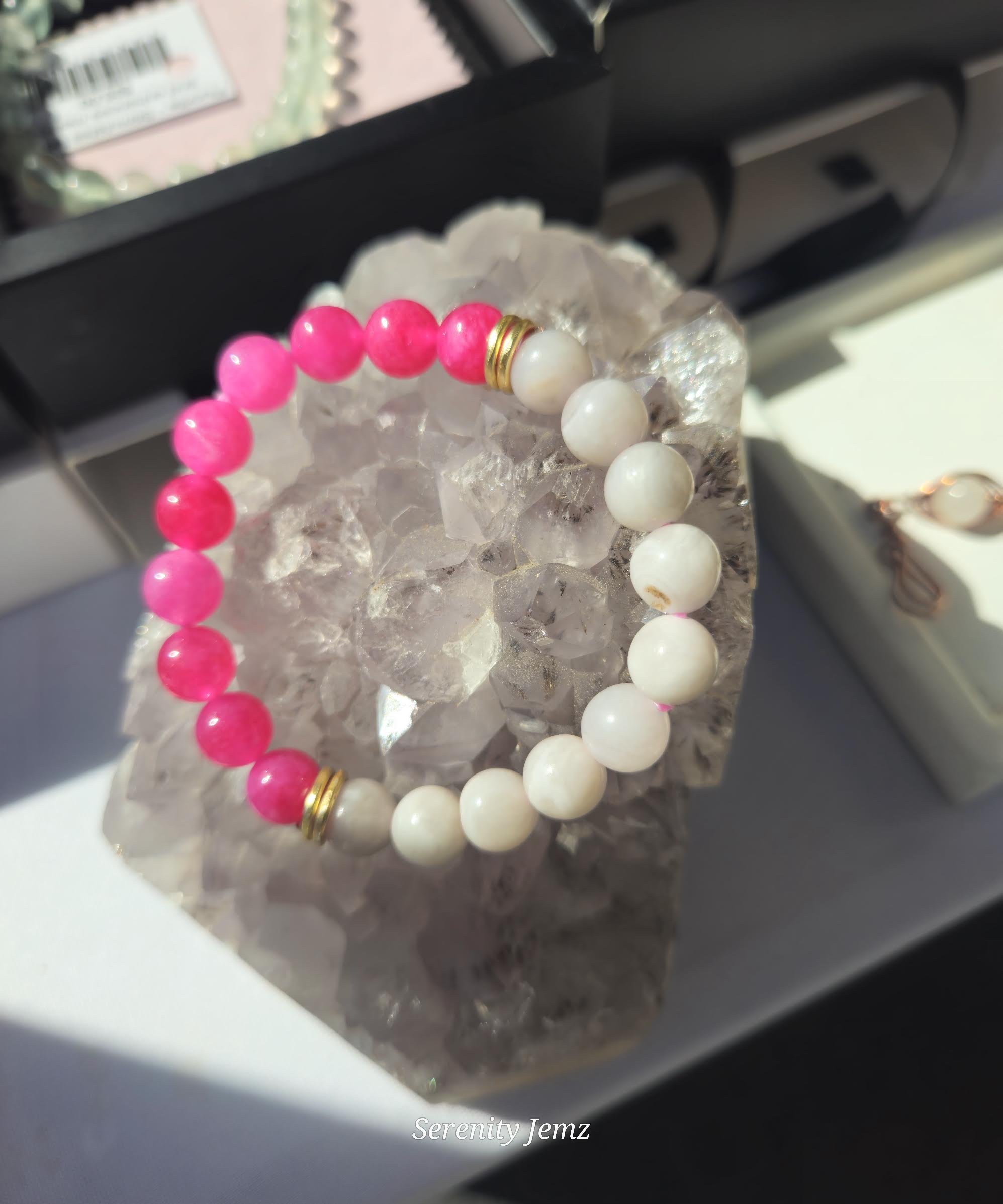 Pink Tourmaline and White Harmony Moonstone Gemstone Bracelet