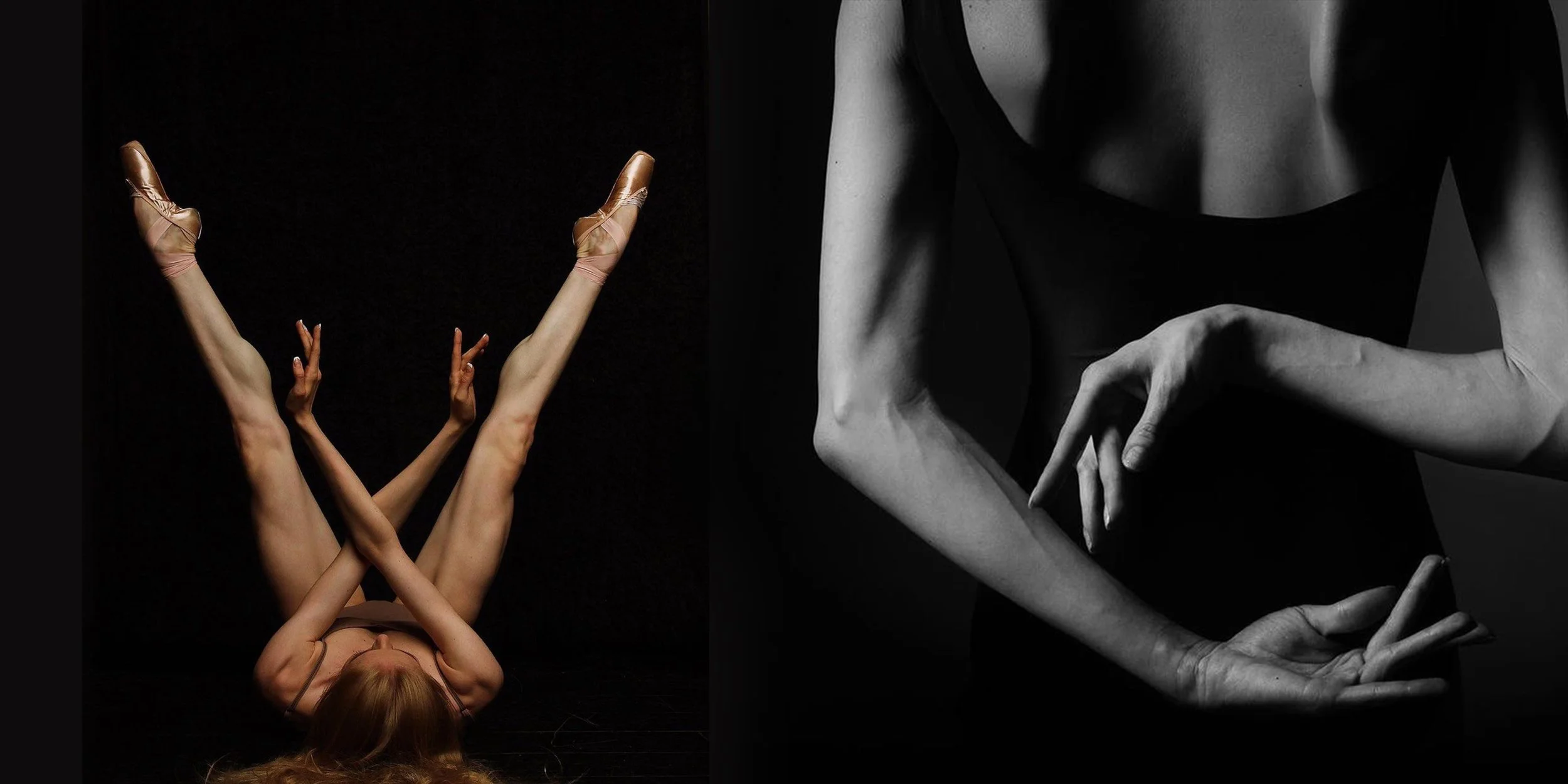 Left side: a dancer lying on her back with her legs raised and spread apart, wearing ballet shoes, against a black background. Right side: black and white close-up of a woman's hands with fingers intertwined, wearing sleeveless black top, against a d