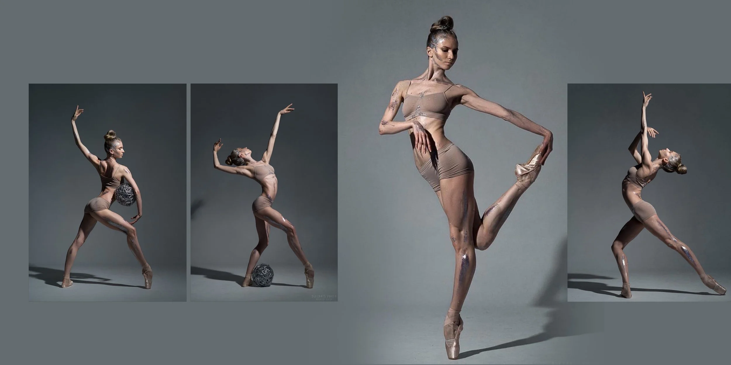 Series of four images of a ballet dancer in various poses, wearing a beige dance costume, with a plain gray background.