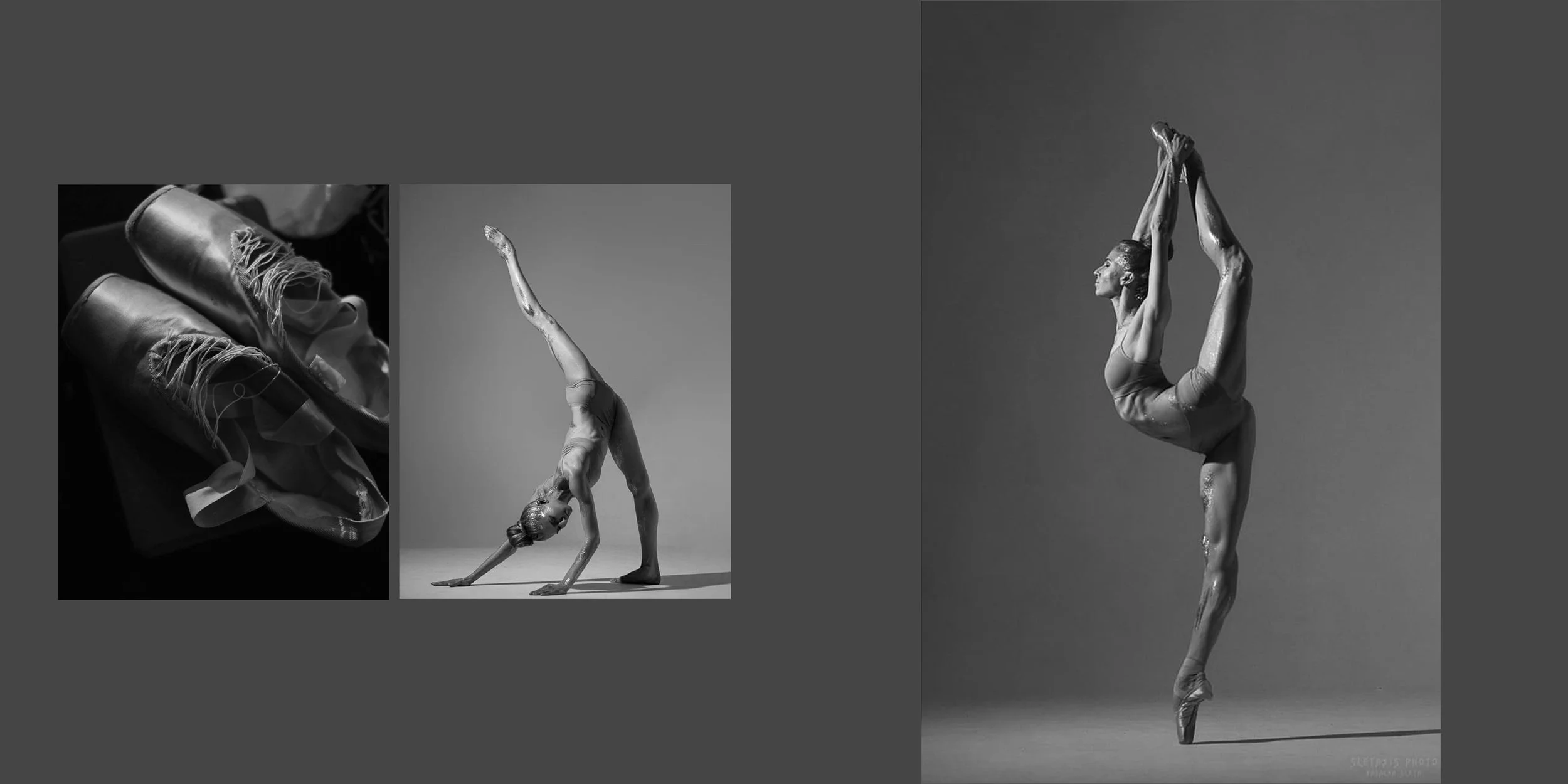 Black and white image of ballet slippers and a horse stance ballet pose with a woman. The slippers are worn, and the dancer is performing a highly flexible dance move with one leg extended backward and upward, holding her foot with her hands, on a pl