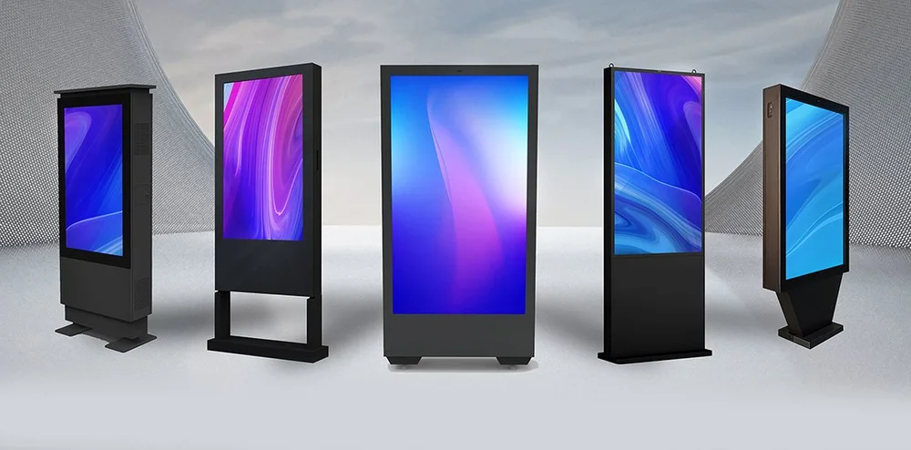 Range of six outdoor digital signage totems in different freestanding enclosures