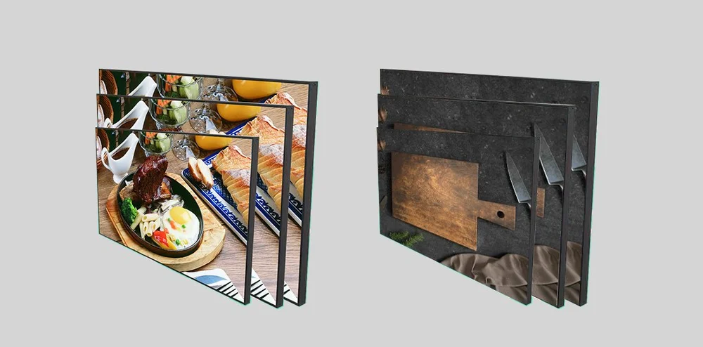 Digital menu board screens displaying food photography for a quick-service restaurant