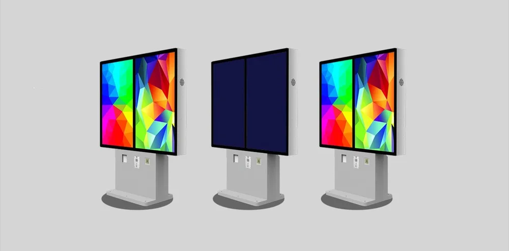 Drive-through terminal kiosks with dual stacked screens on pedestal mounts
