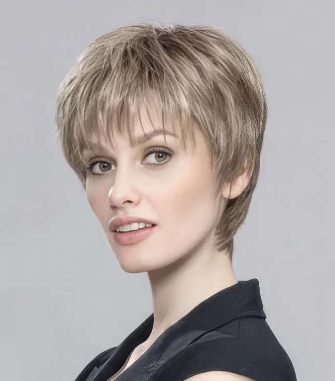 A woman with short, layered blonde hair, wearing a black sleeveless top, looking at the camera with slightly parted lips against a light gray background.