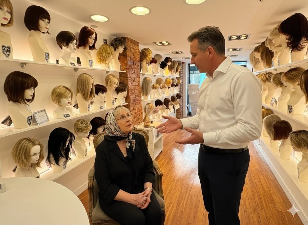 A woman sitting in a chair having a conversation with a man inside a wig shop filled with mannequin heads displaying various wigs on shelves.