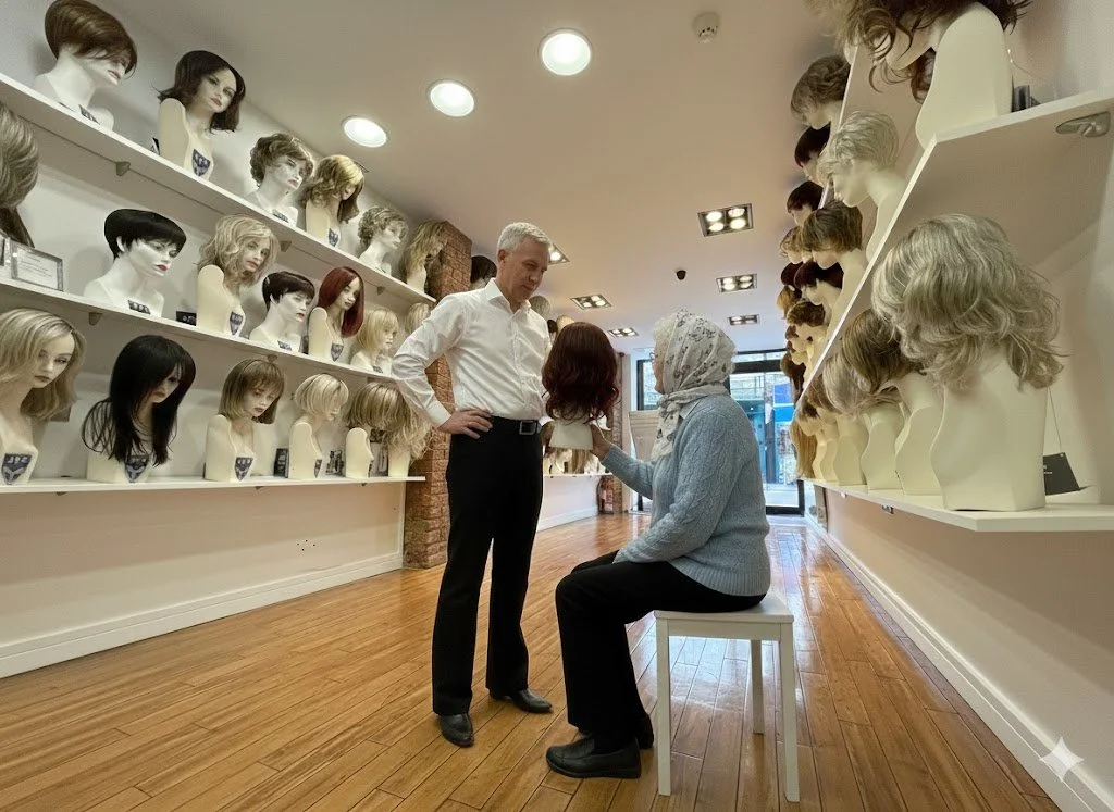 A woman with a headscarf sitting on a stool, talking to a man in a white shirt inside a wig shop, with mannequin heads displaying various wigs lining the walls.