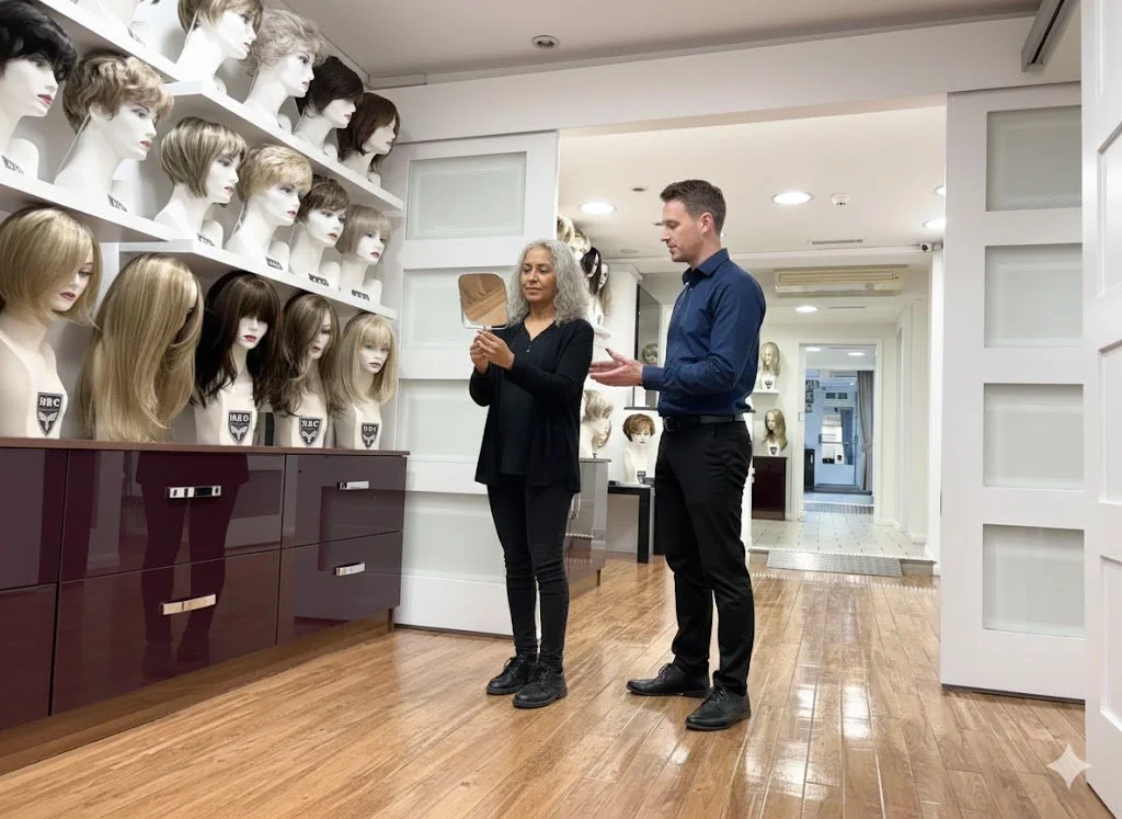 A woman selects a wig and talks to a wig consultant at Michael Roberts Wig Centre in Southend-on-Sea, Essex. They are surrounded by display mannequins with various wigs.