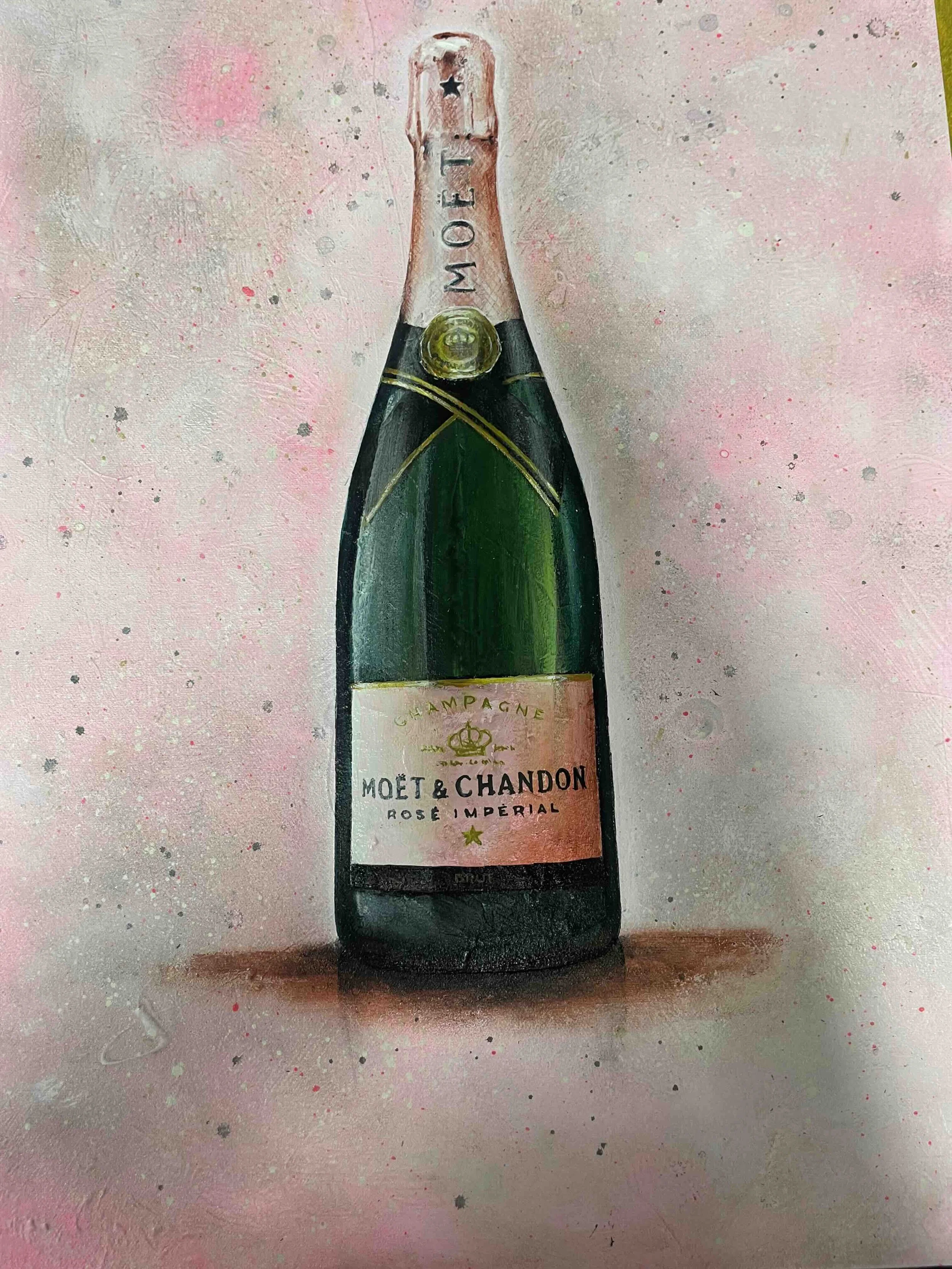 A painting of a Moët & Chandon champagne bottle with a pink, gray, and speckled background.
