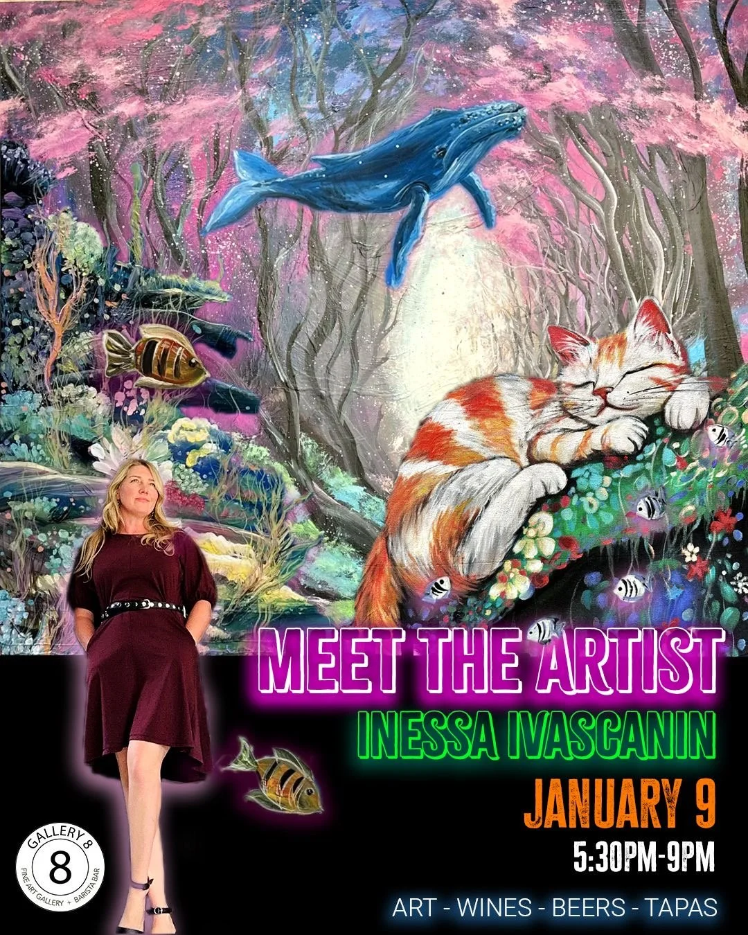 Next Event this Friday 9th January  from 5.30pm - Free Entry - Meet the Artist - Inessa Ivascanin - Art-Live DJ-Tapas-wine