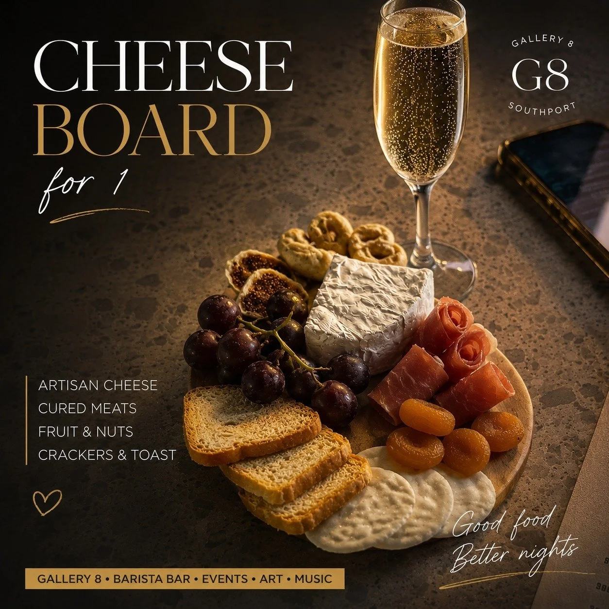 Gallery 8 Cheese board for one 🧀🥂 - artisan cheese, cured meats, fruit, crackers and a glass of bubbles while you enjoy  creative energy of Gallery 8 

📍 Gallery 8 -8 Ferry Road, Southport
🍷 Licensed Bar &bull; Specialty Coffee &bull; Art &bull; 