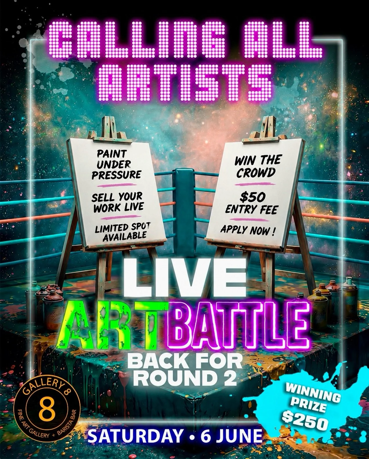 After an incredible response to our first LIVE ART BATTLE, we&rsquo;re bringing it back for ROUND 2 on Saturday 6 June 🔥

WHAT YOU GET Exposure to a live audience &amp; collectors 💡 Featured across event content 🎥 Sell your work on the night 🖼️ $