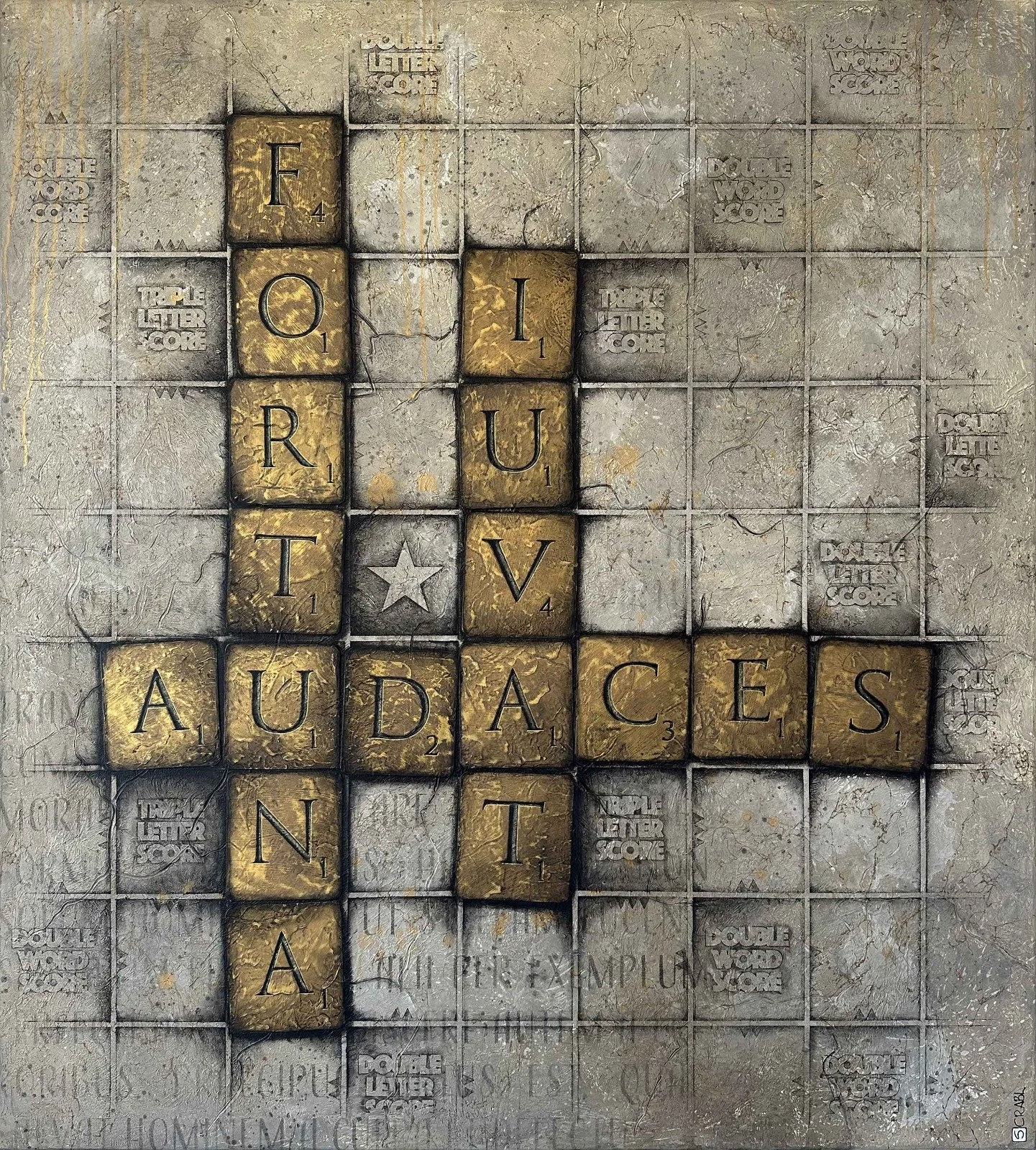 A Scrabble game with gold-lettered tiles spelling out words like 'FORTUNA,' 'AUDACIOUS,' and 'VIVID,' arranged on a textured, cracked surface.