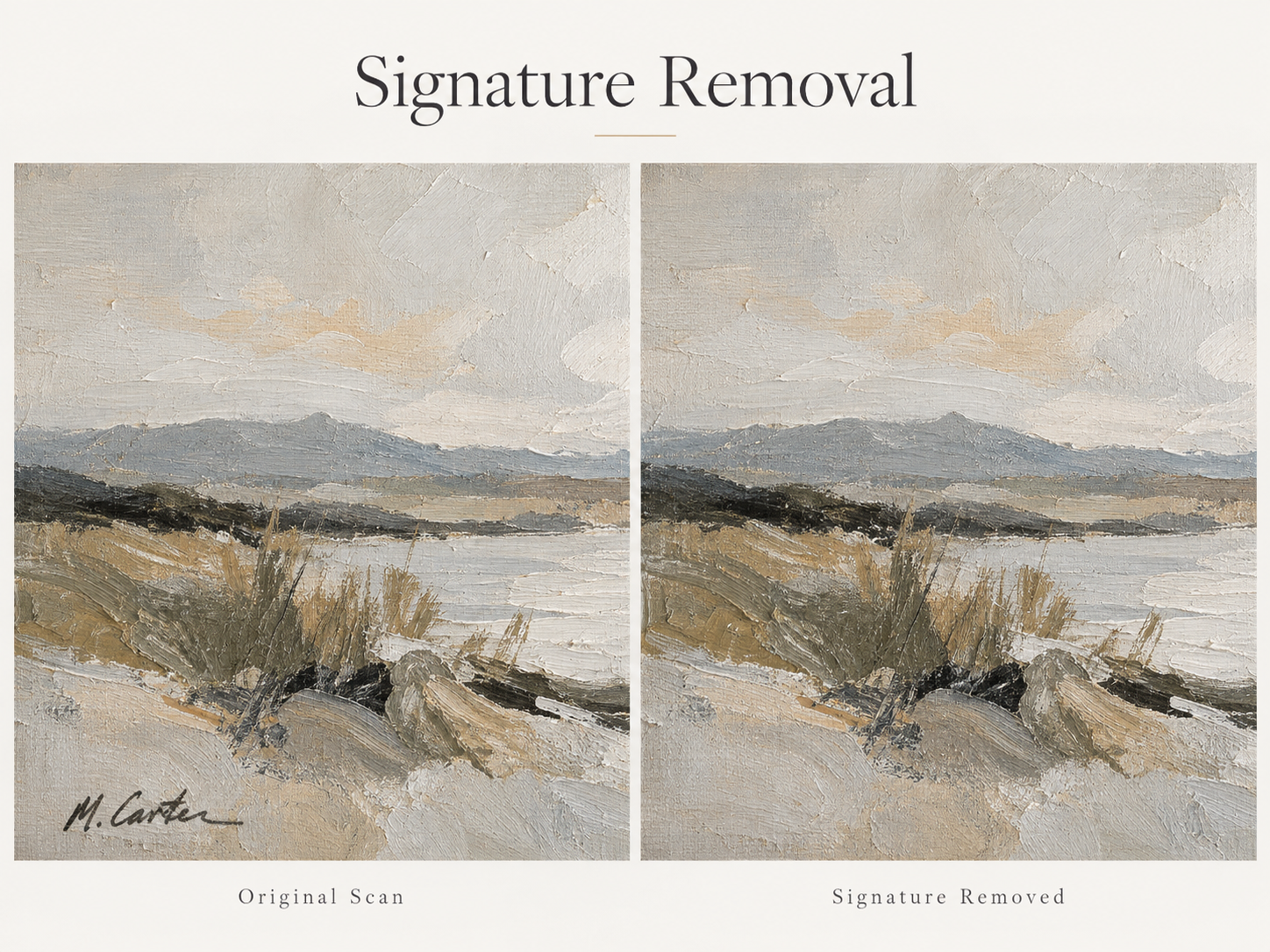 RAW SCAN + SIGNATURE REMOVAL — $120 per artwork
For artists creating reproductions without the original signature.
Includes:
- Everything in Raw Scan
- Professional signature removal
- High-resolution TIFF master