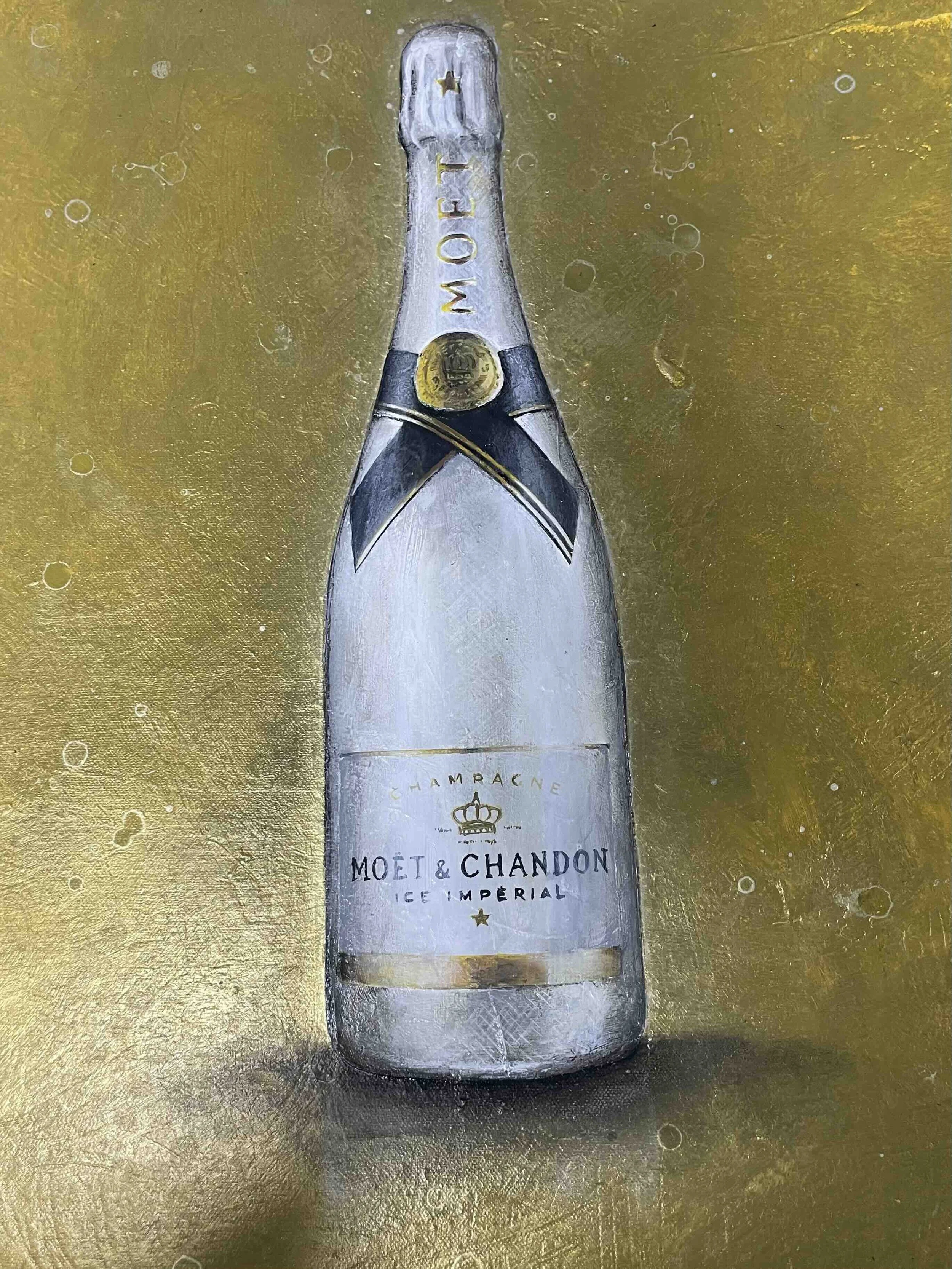 A painting of a Moët & Chandon Ice Imperial champagne bottle with a gold and white label, set against a gold background.