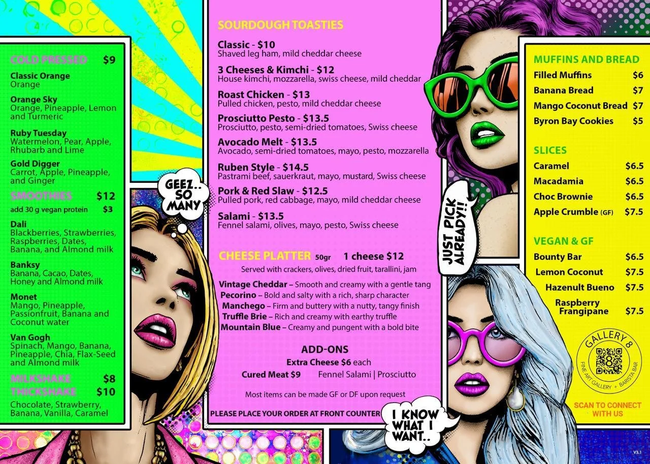 Colorful menu displaying various food items and prices, with cartoon images of women wearing fashionable glasses and bold makeup, using a pop art style.