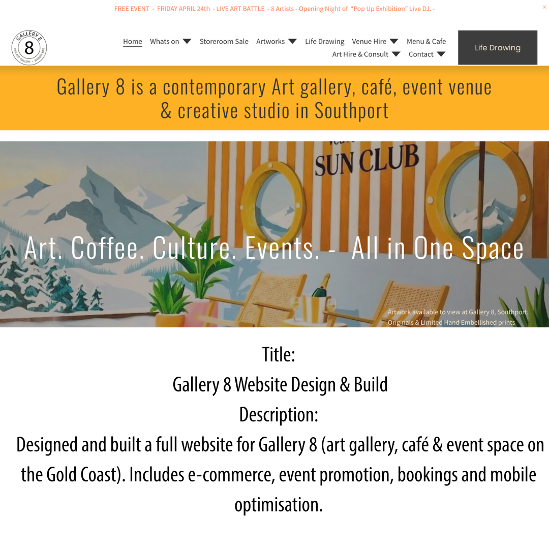 Discover Gallery 8, a contemporary art gallery in Southport on the Gold Coast, showcimage of a painted mountain scene and a sun-themed installation by the window. The site offers information on artworks, life drawing, venue hire, and contact details.