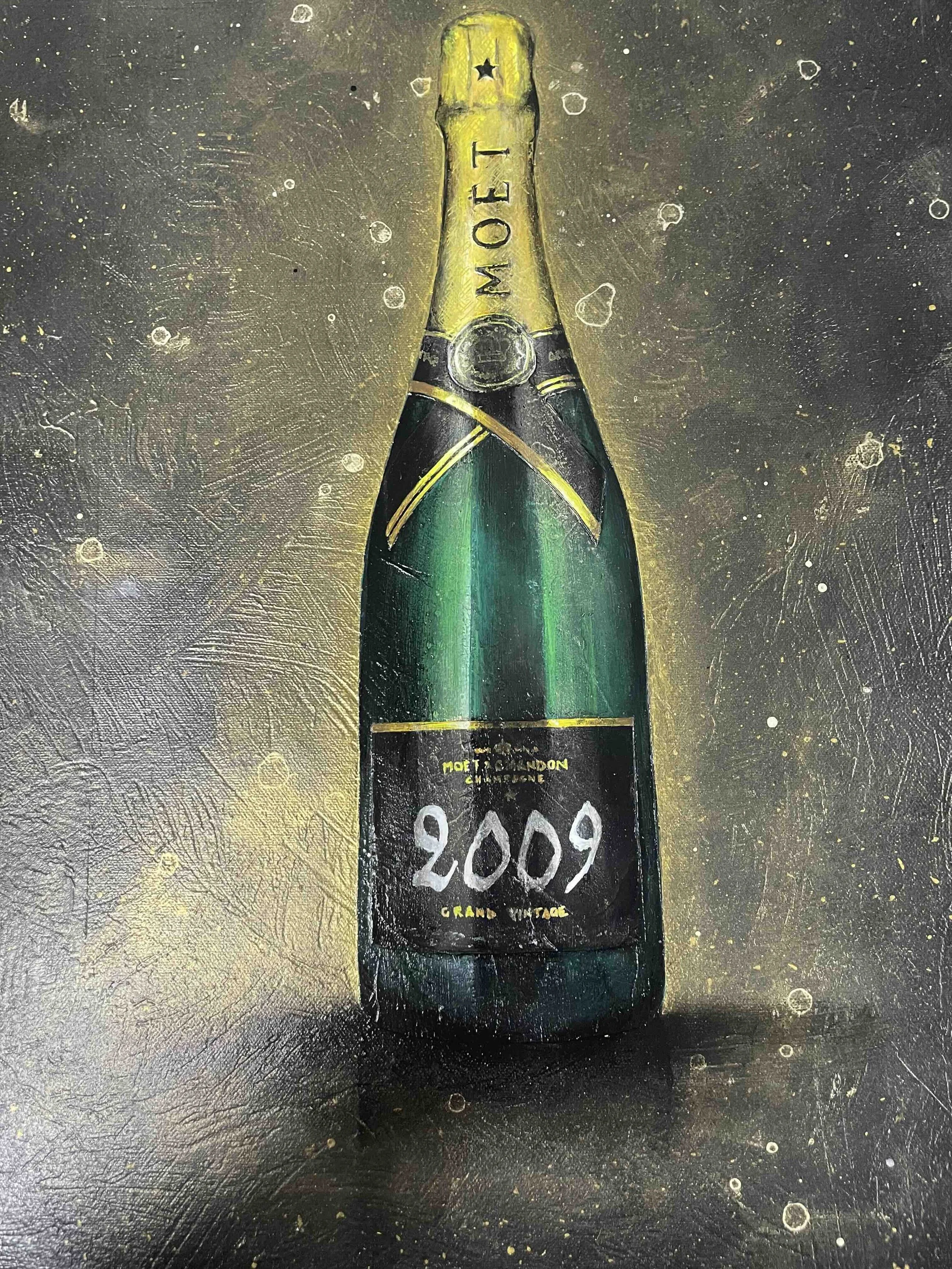 A painting of a Moet & Chandon champagne bottle with a dark label that reads "2009 Grand Vintage" against a gold speckled background.