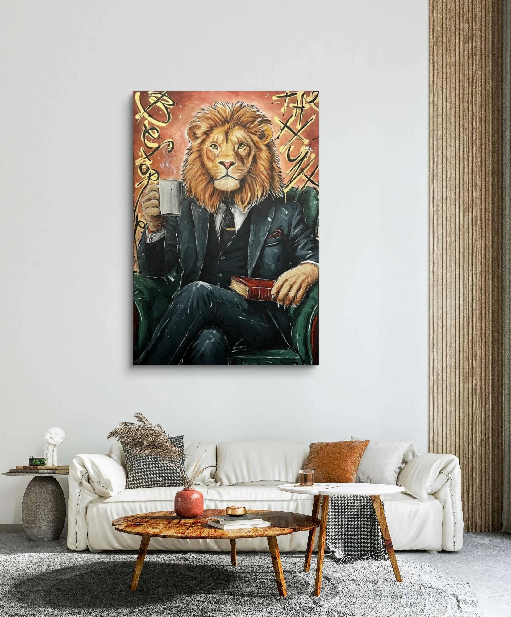 A painting of a lion with a human body sitting in a green armchair, wearing a suit and holding a coffee mug.