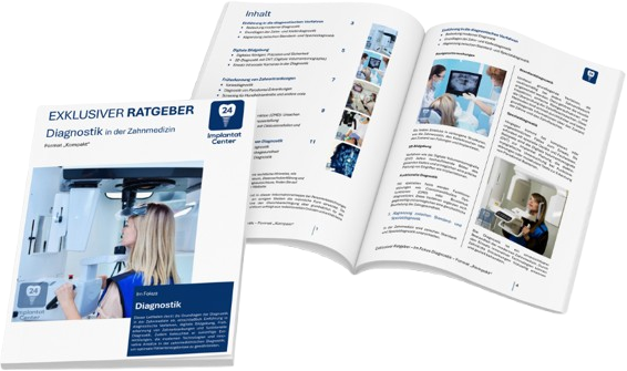 Ein aufgeschlagenes Magazin über Zahnmedizin und Diagnostik, mit Titel "Exklusiver Ratgeber" und einer Bildergalerie im Inneren.