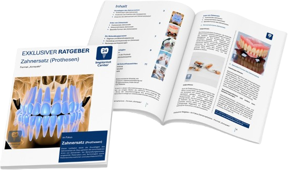 Ein offener Ratgeber über Zahnersatz mit Bildern und Text, sowie eine separate Broschüre mit Monogramm und Illustrationen von Zähnen.