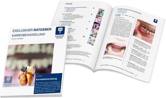 Offen geblättertes medizinisches Ratgeberbuch über Kariesbehandlung bei Kindern, mit Bildern von gestürzten Zähnen und Zahnarztinstrumenten.