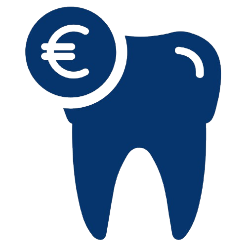 Symbol eines Zahns mit einem Eurozeichen darüber, symbolisierend Zahnarzthonorare oder Zahnkosten in Bezug auf Geld.