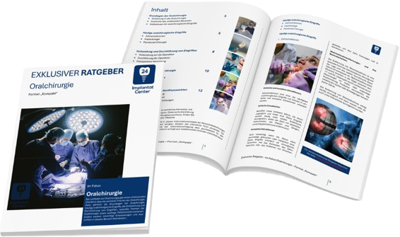 Ein aufgeschlagenes Magazin und ein weiterer etablierter Ratgeber über Oralchirurgie, mit Bildern von Operationen und medizinischer Ausrüstung.