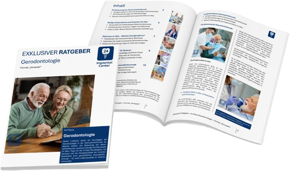 Titelblatt eines Buches oder Magazins mit dem Titel 'Exklusiver Ratgeber Gerodontologie', darunter ein Bild von zwei älteren Menschen, die sich freuen, und ein blauer Textblock.