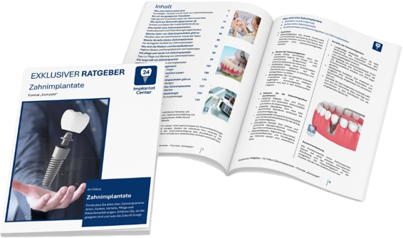 Broschüre und Magazin über Zahnimplantate, mit Bilder von Zahnersatz und zahnmedizinischen Themen.