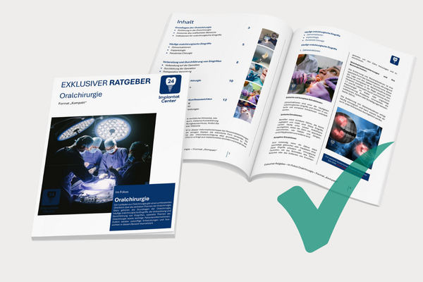 Ein Magazin und eine Broschüre zum Thema Oralchirurgie, mit Bildern von Operationen und einem großen grünen Häkchen.